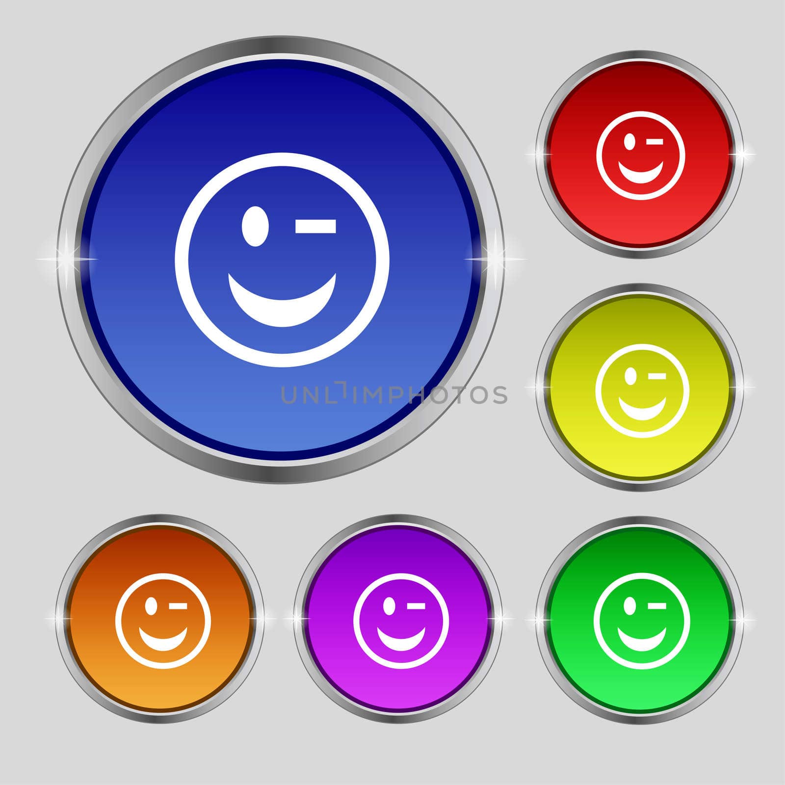 Winking Face icon sign. Round symbol on bright colourful buttons.  by serhii_lohvyniuk