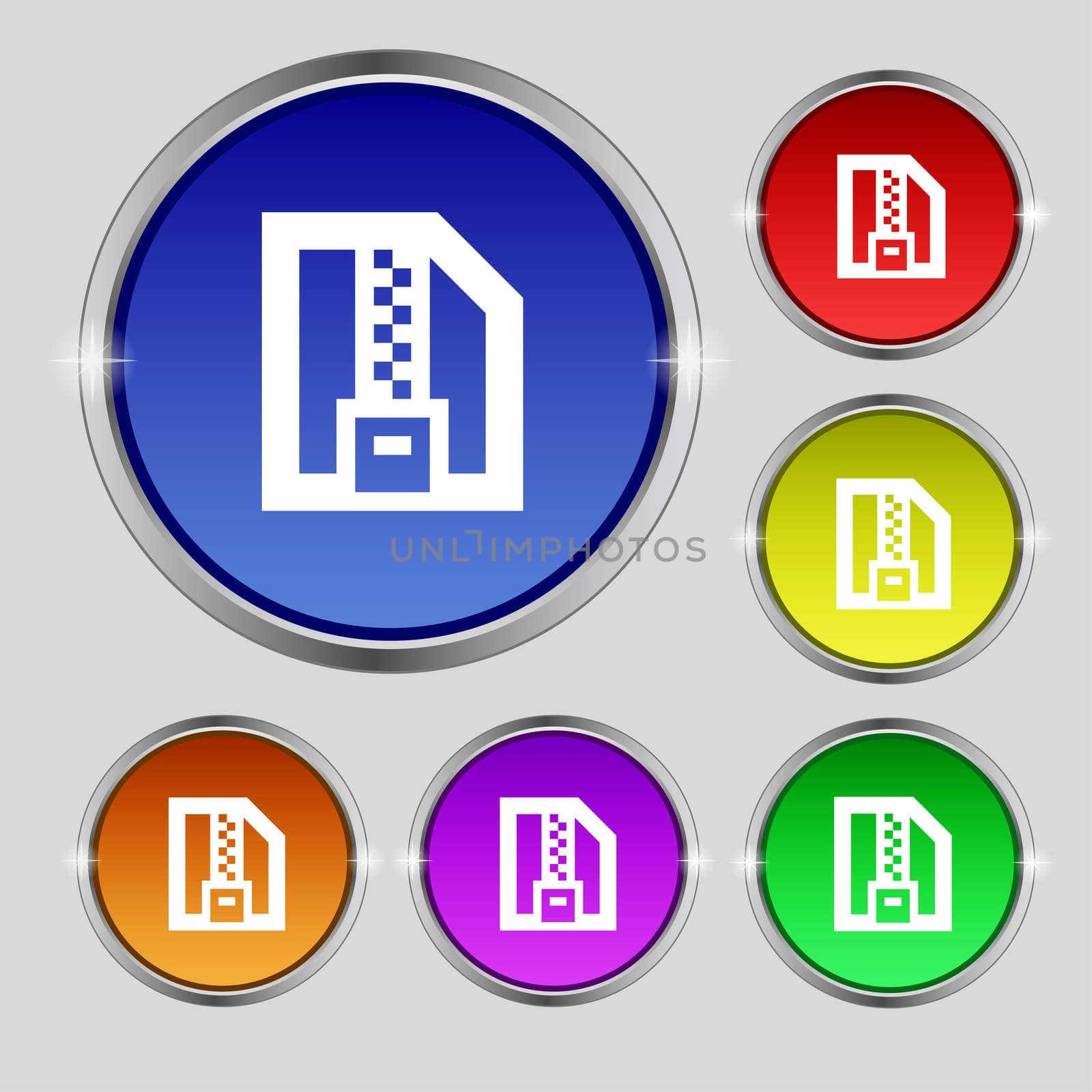 Archive file, Download compressed, ZIP zipped icon sign. Round symbol on bright colourful buttons. illustration