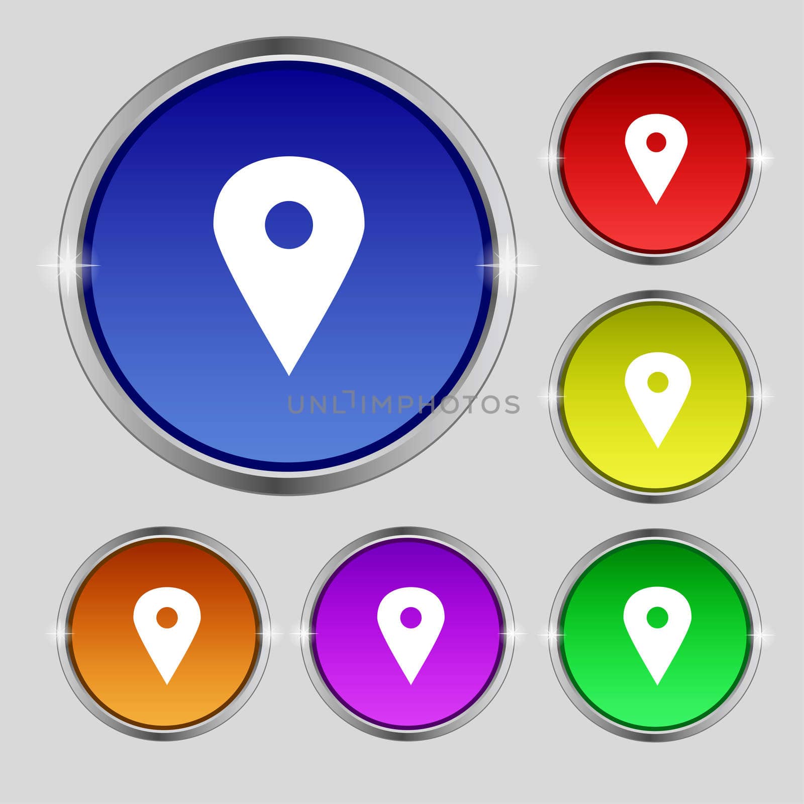 Map pointer, GPS location icon sign. Round symbol on bright colourful buttons. illustration