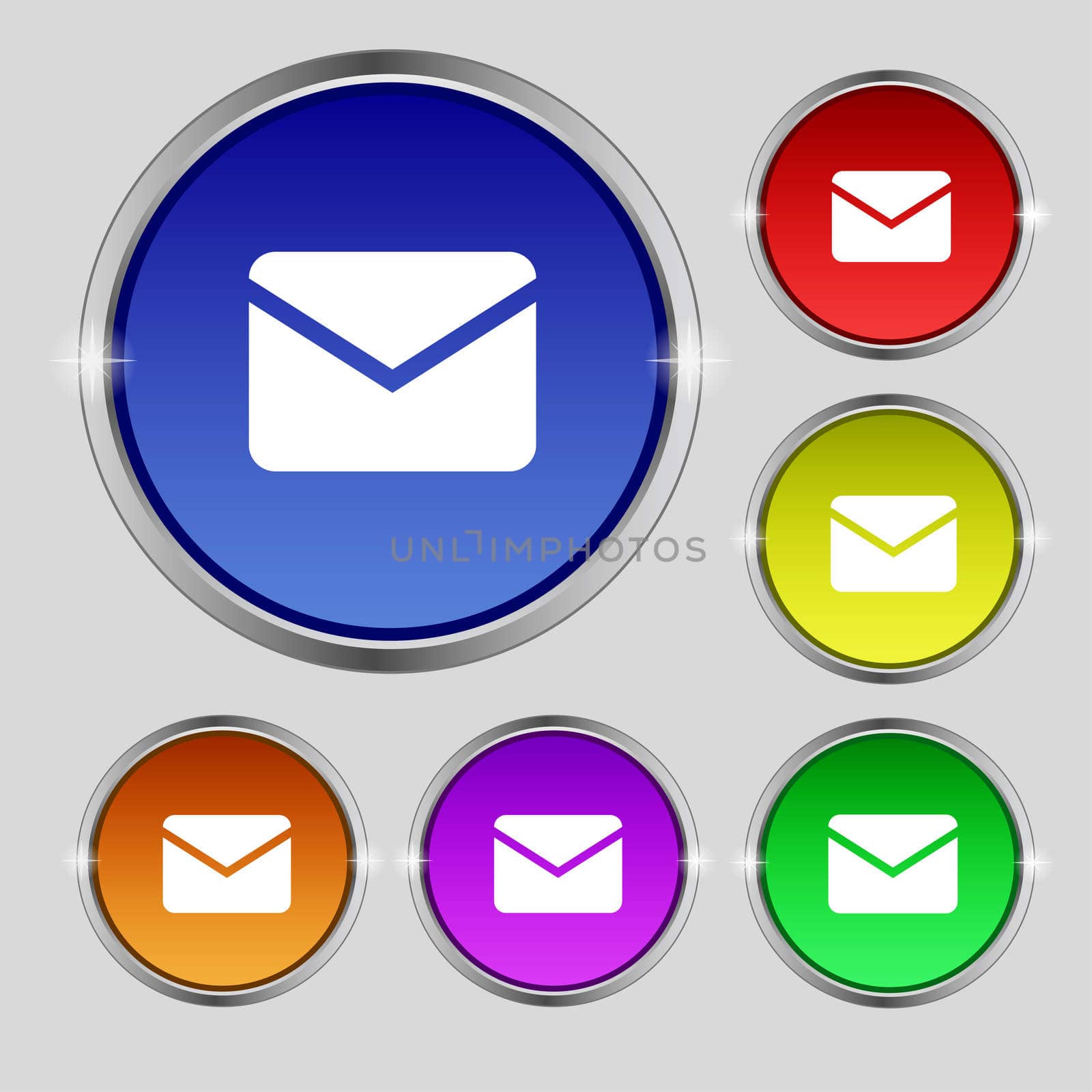 Mail, Envelope, Message icon sign. Round symbol on bright colourful buttons. illustration