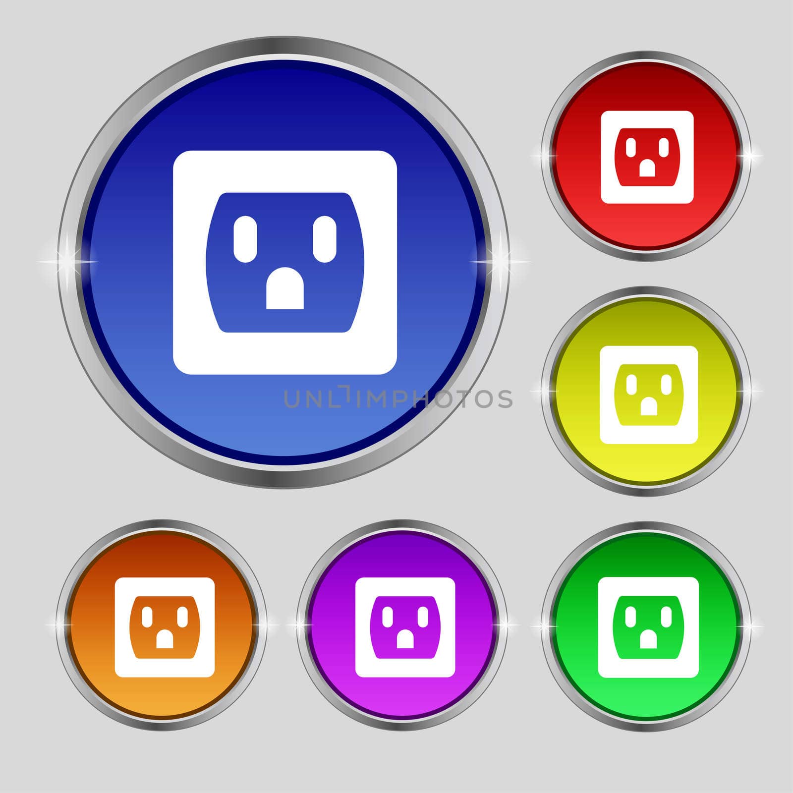 Electric plug, Power energy icon sign. Round symbol on bright colourful buttons. illustration