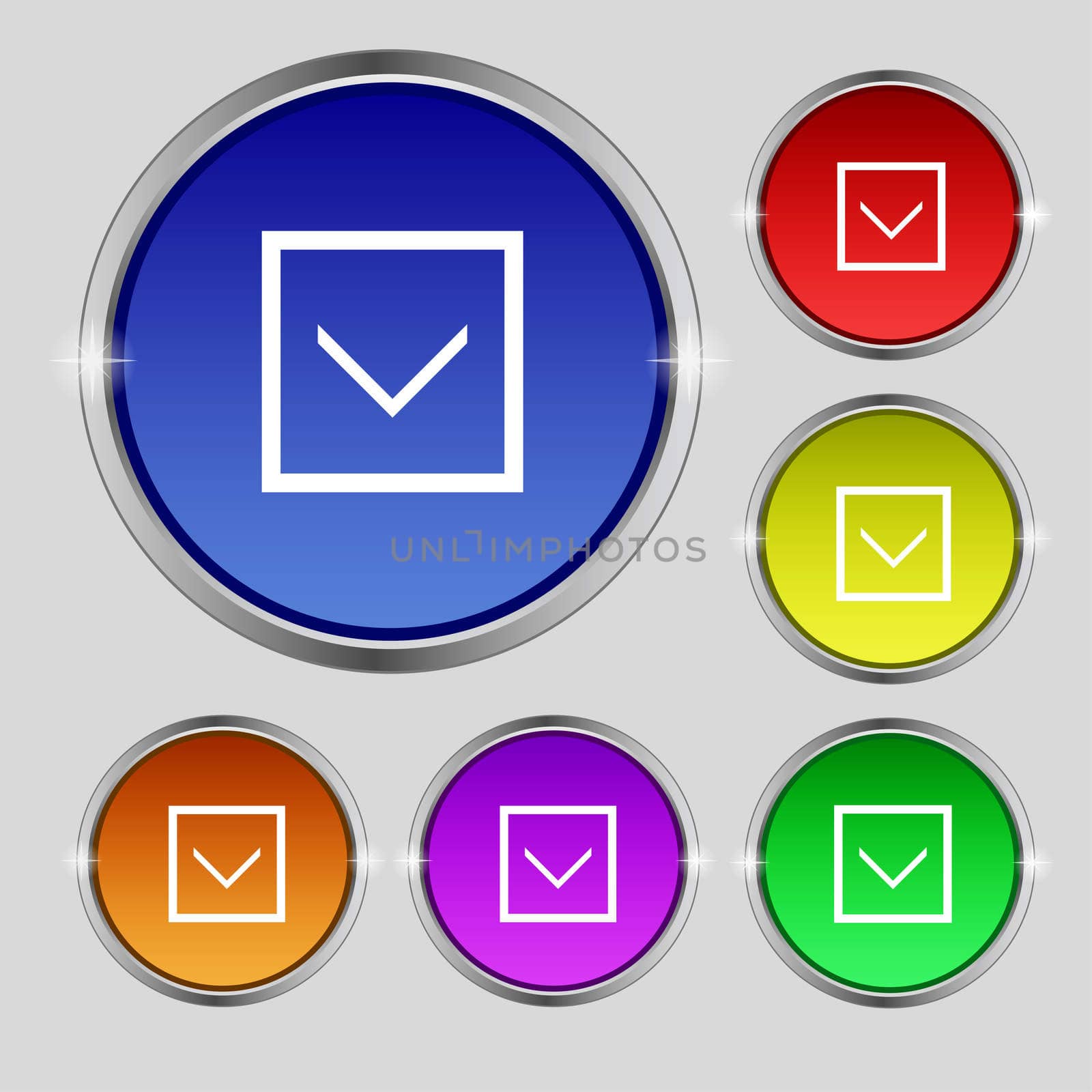 Arrow down, Download, Load, Backup icon sign. Round symbol on bright colourful buttons. illustration
