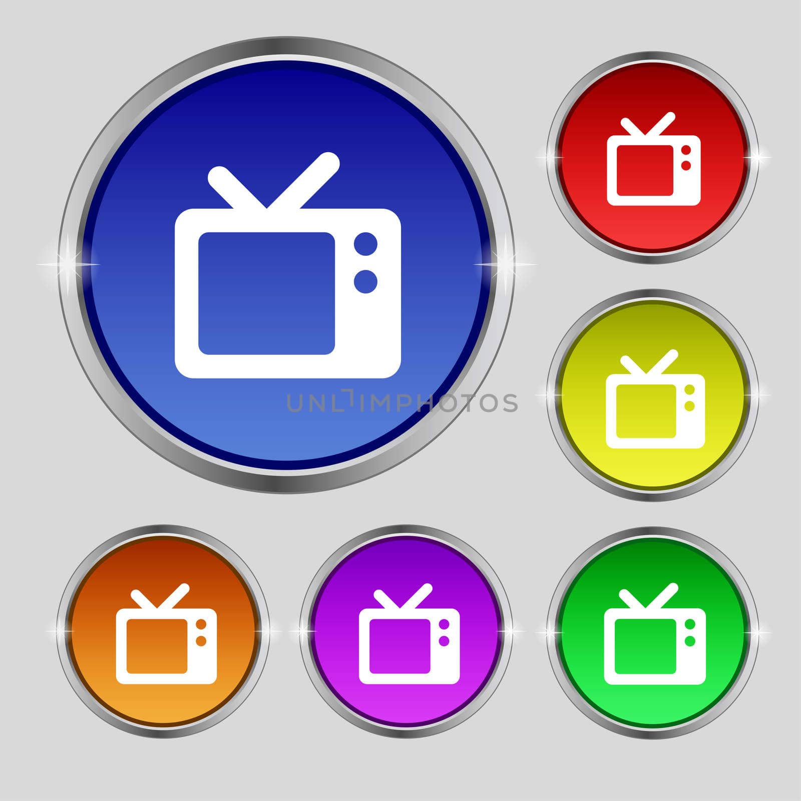 Retro TV icon sign. Round symbol on bright colourful buttons. illustration