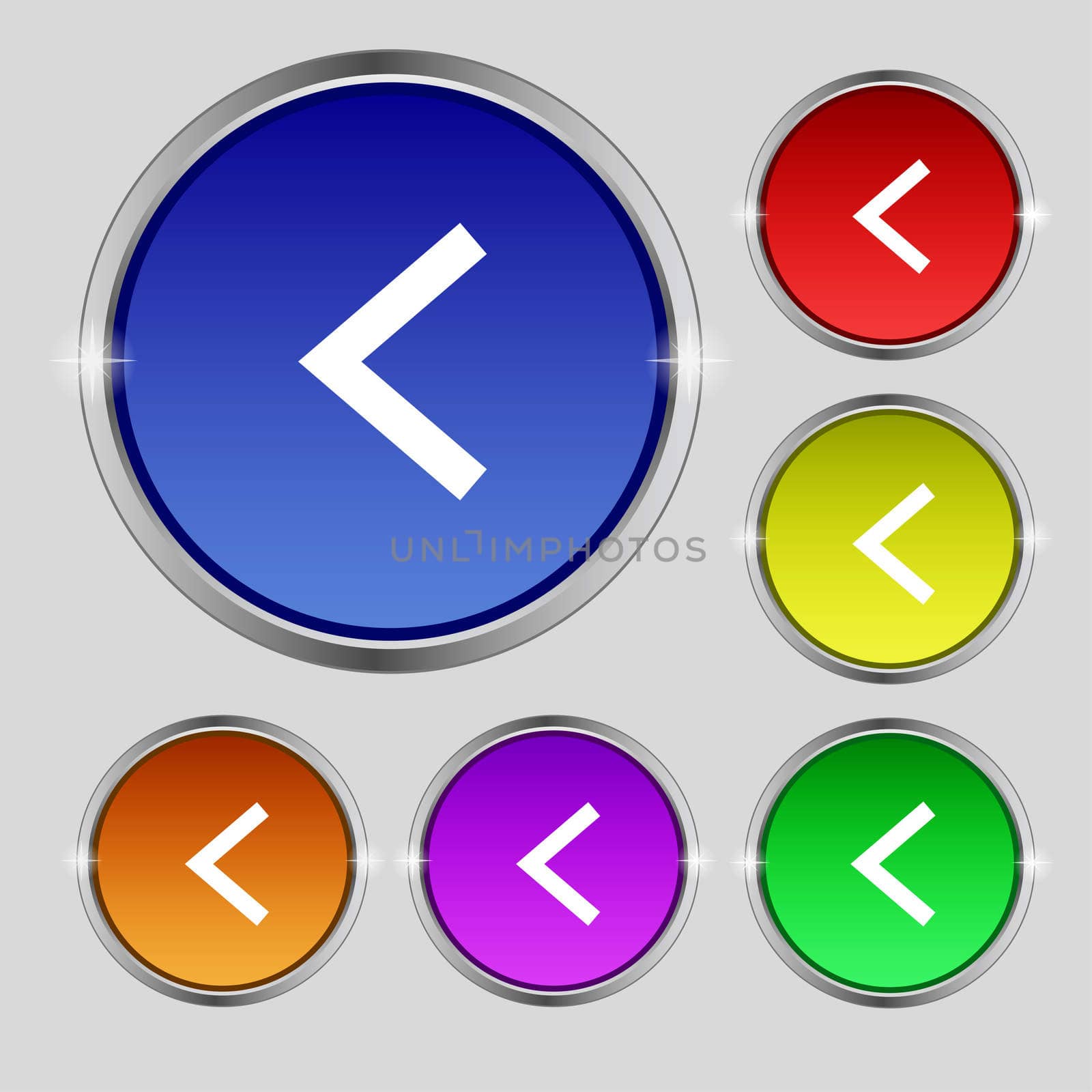 Arrow left, Way out icon sign. Round symbol on bright colourful buttons. illustration