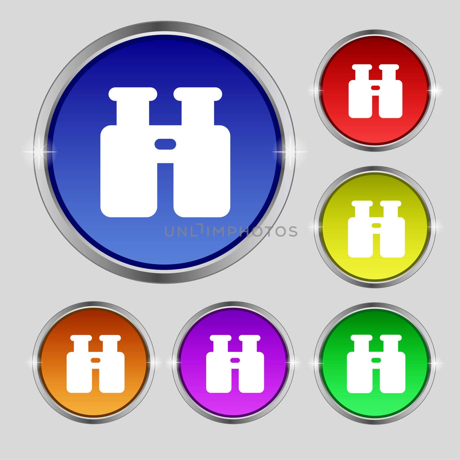 Binocular, Search, Find information icon sign. Round symbol on bright colourful buttons. illustration