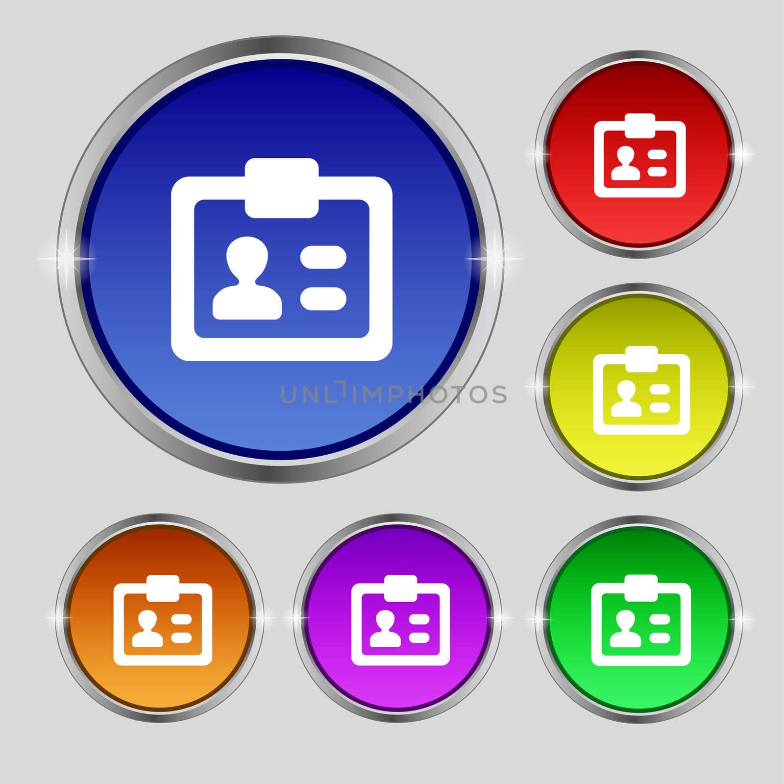 ID, Identity card icon sign. Round symbol on bright colourful buttons. illustration
