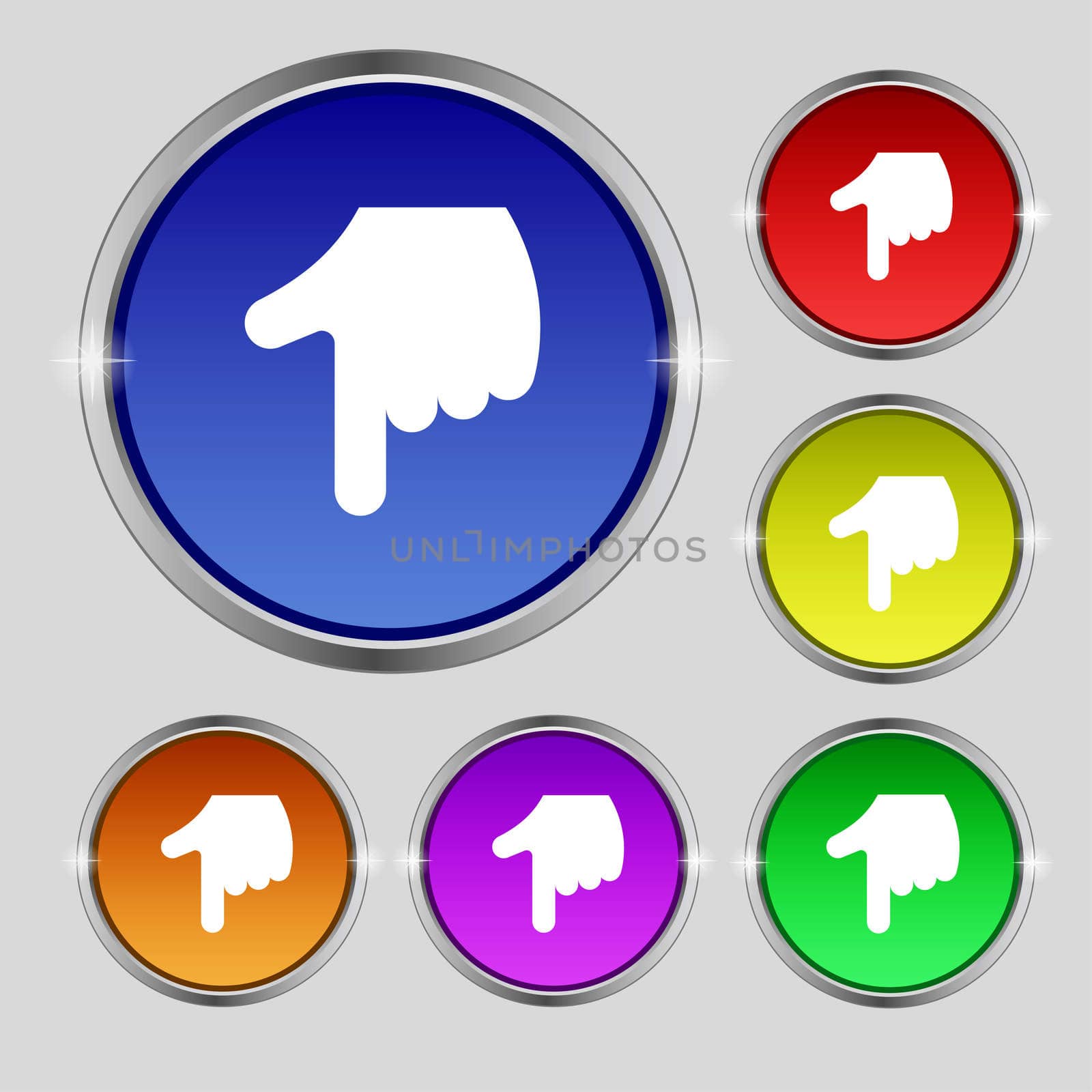 pointing hand icon sign. Round symbol on bright colourful buttons. illustration