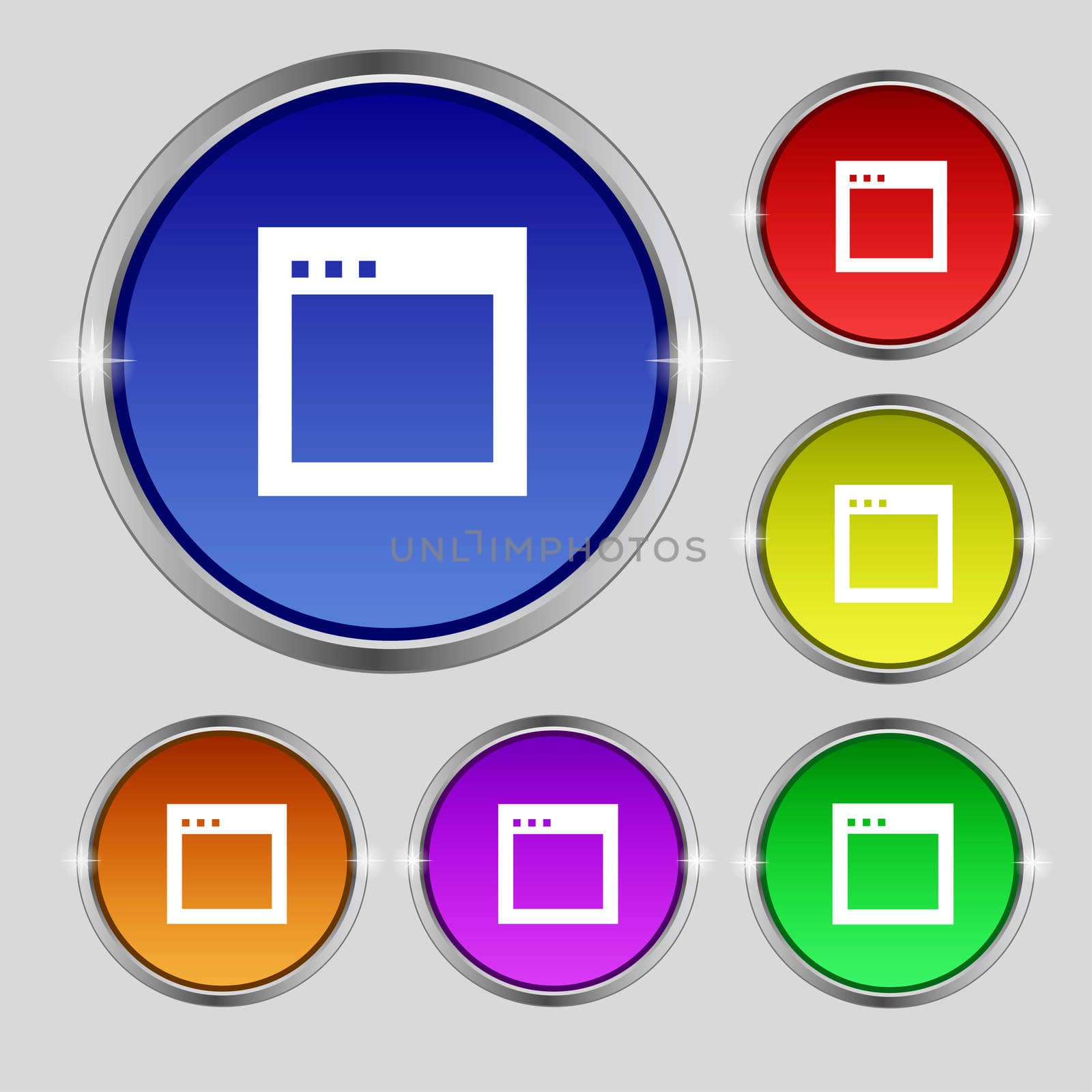 Simple Browser window icon sign. Round symbol on bright colourful buttons. illustration