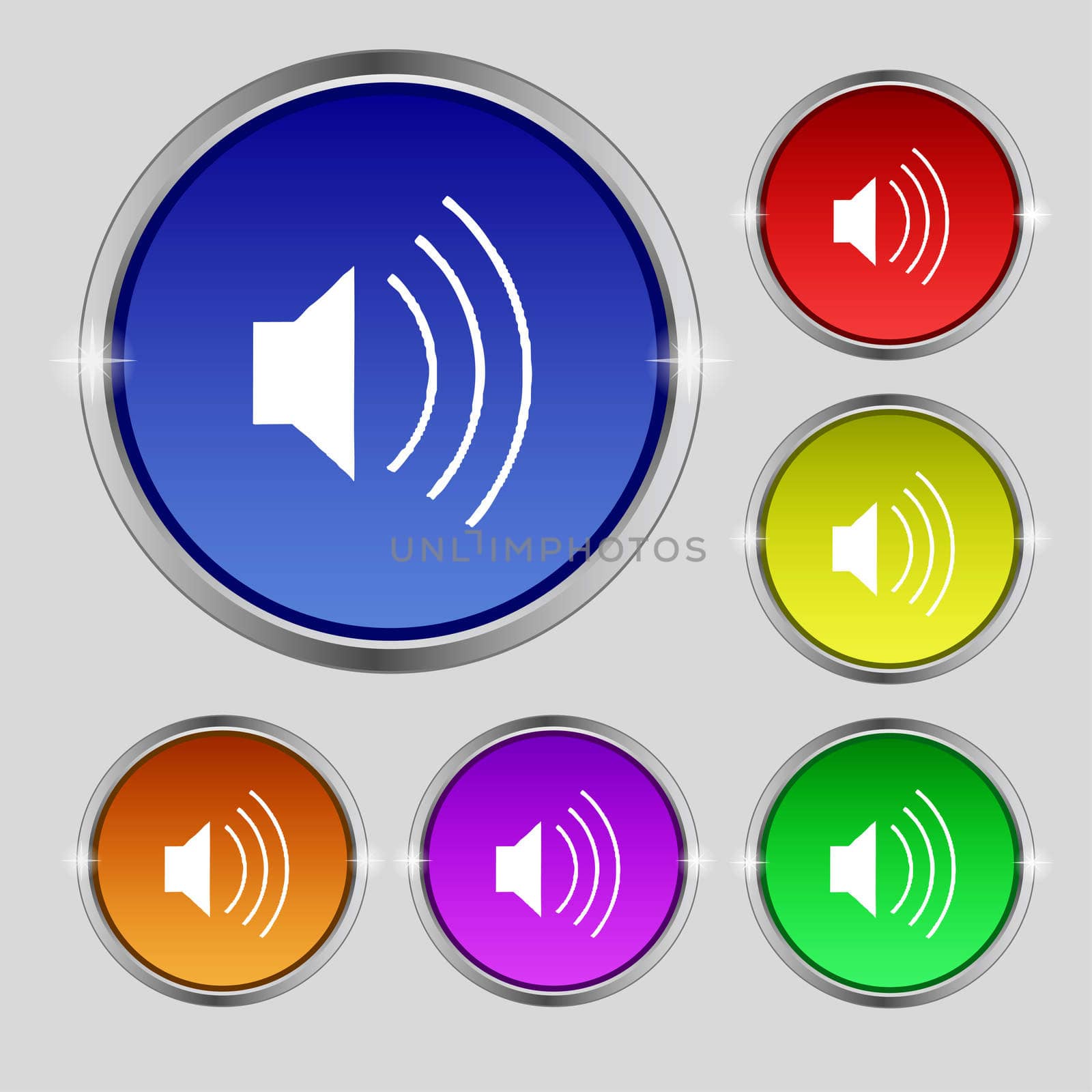 volume, sound icon sign. Round symbol on bright colourful buttons. illustration