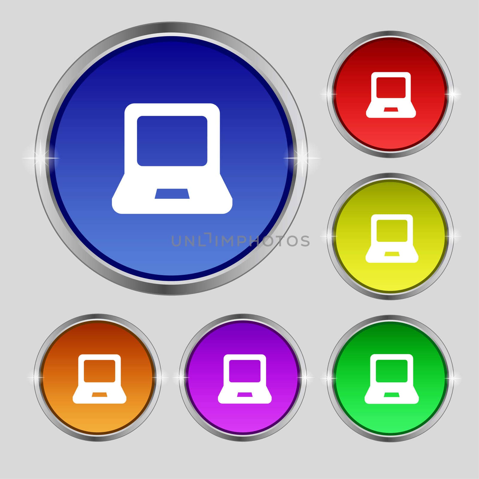 Laptop icon sign. Round symbol on bright colourful buttons. illustration