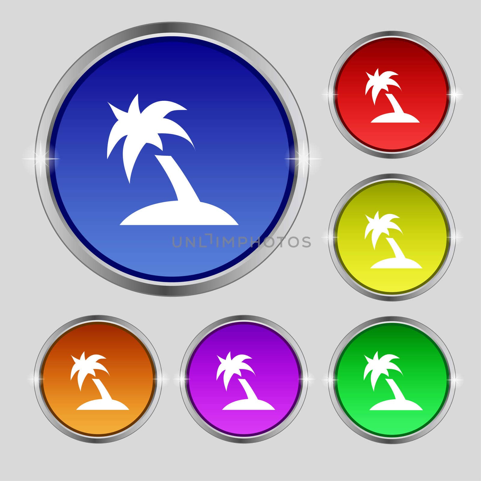 Palm Tree, Travel trip icon sign. Round symbol on bright colourful buttons.  by serhii_lohvyniuk