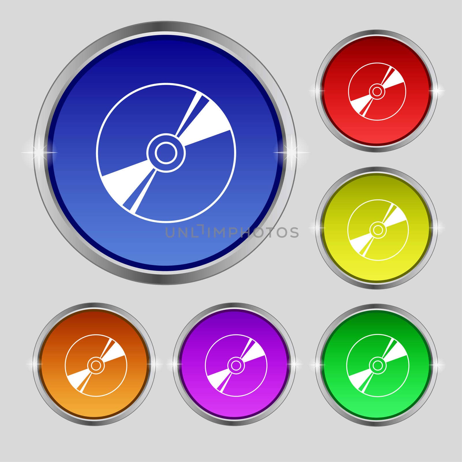 Cd, DVD, compact disk, blue ray icon sign. Round symbol on bright colourful buttons. illustration