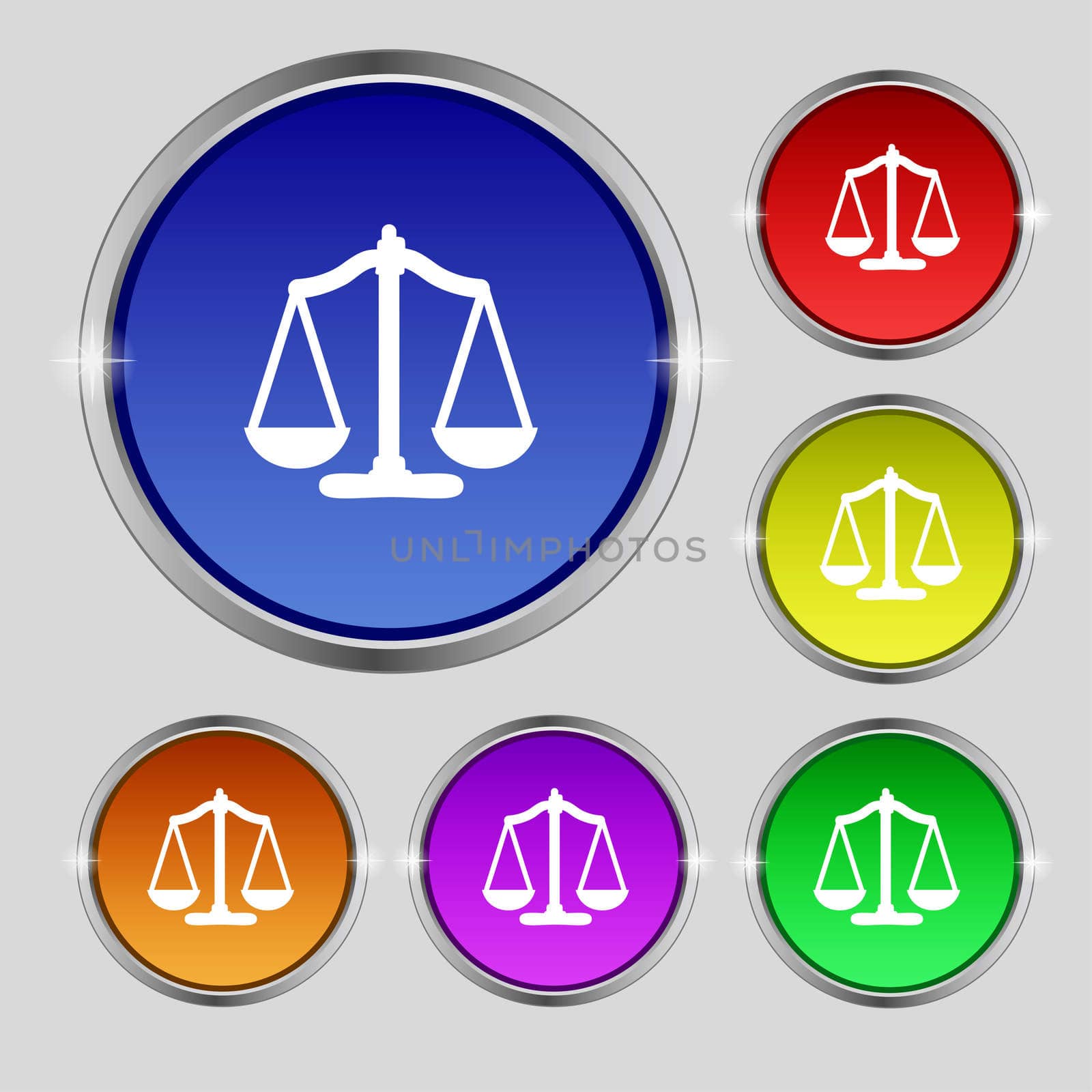 Scales of Justice sign icon. Court law symbol. Set colourful buttons. illustration