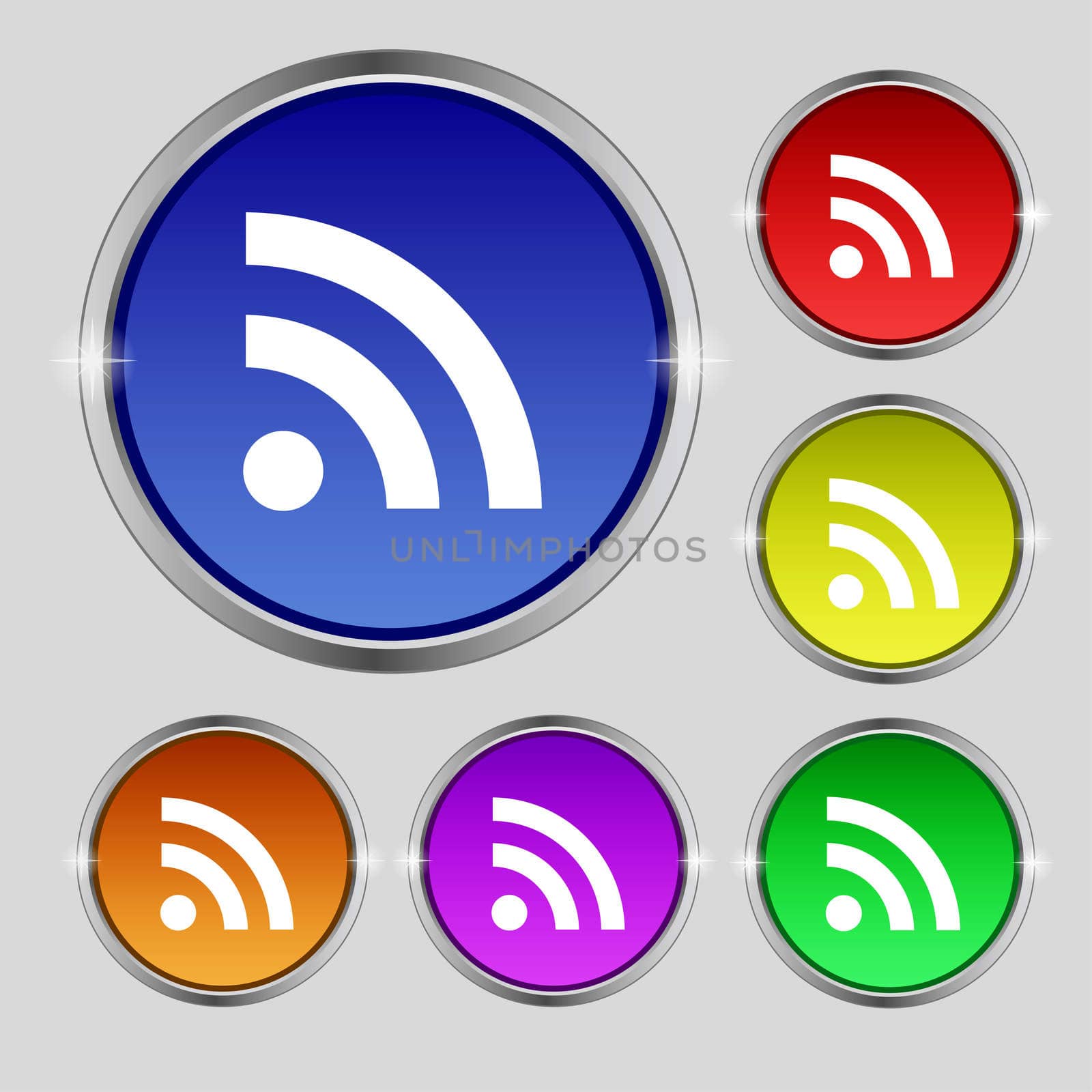 RSS feed icon sign. Round symbol on bright colourful buttons. illustration