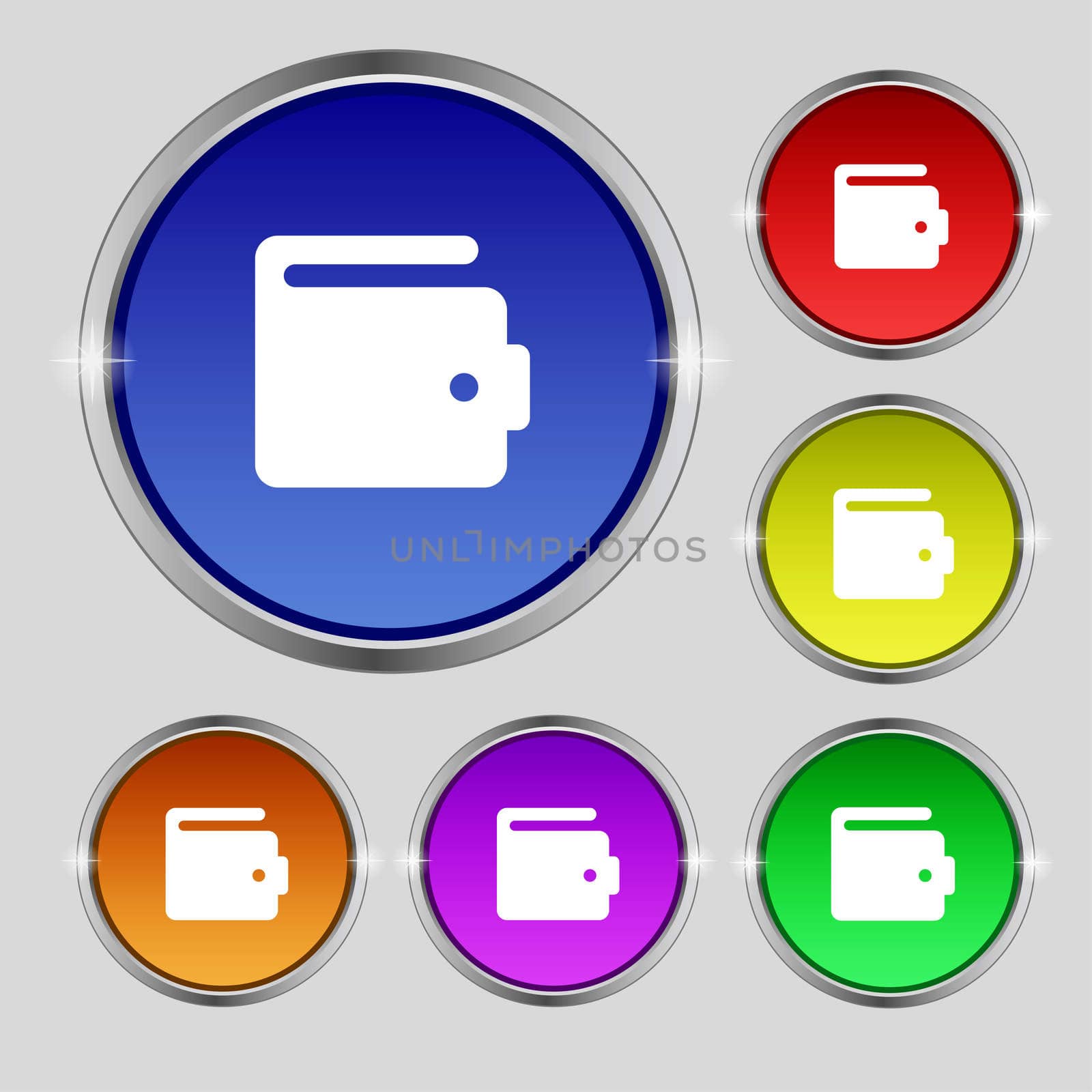 purse icon sign. Round symbol on bright colourful buttons. illustration
