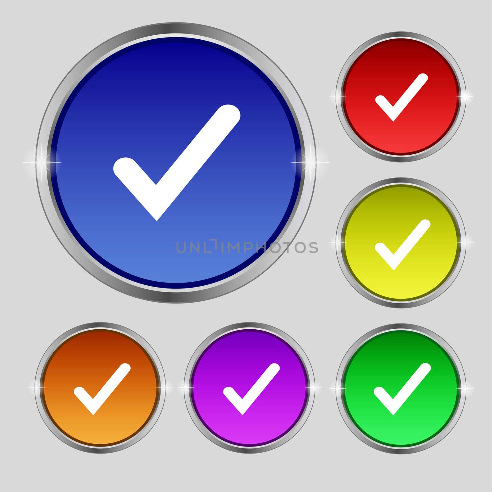 Check mark, tik icon sign. Round symbol on bright colourful buttons. illustration