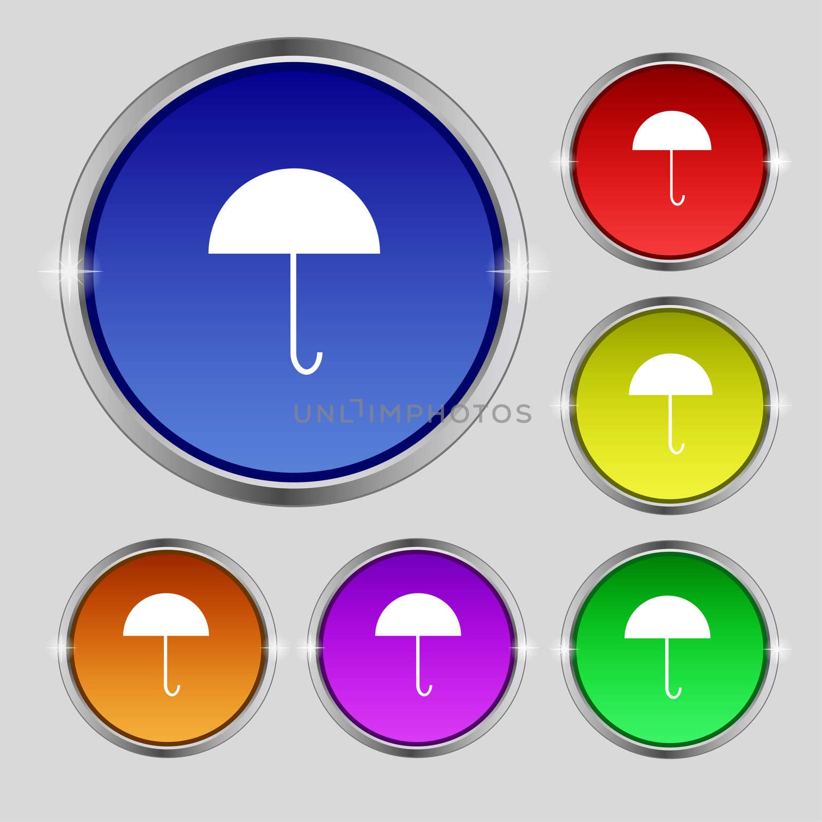 Umbrella sign icon. Rain protection symbol. Set colourful buttons.  by serhii_lohvyniuk