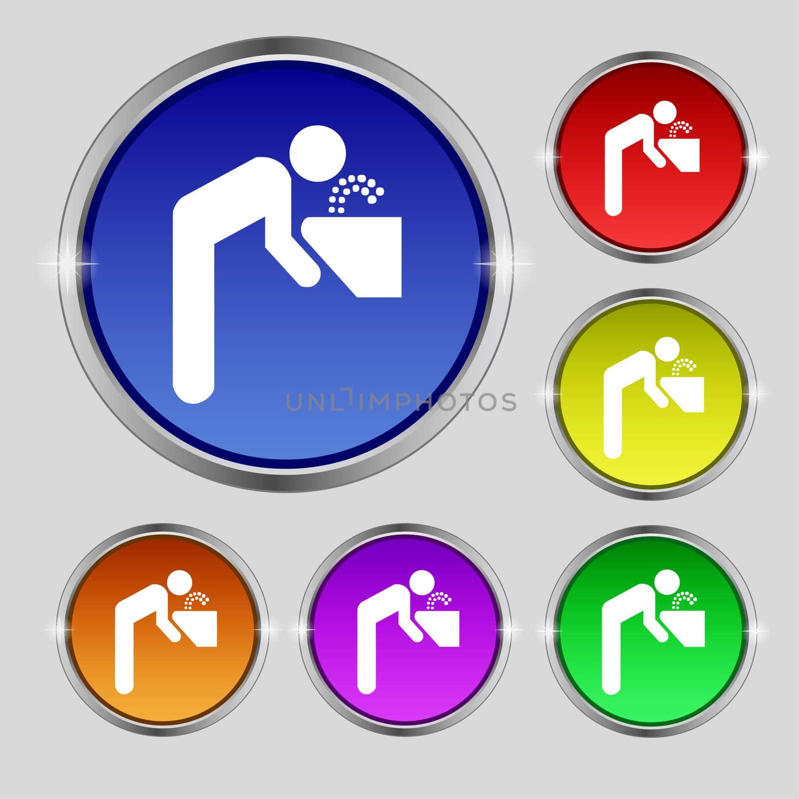 drinking fountain icon sign. Round symbol on bright colourful buttons. illustration