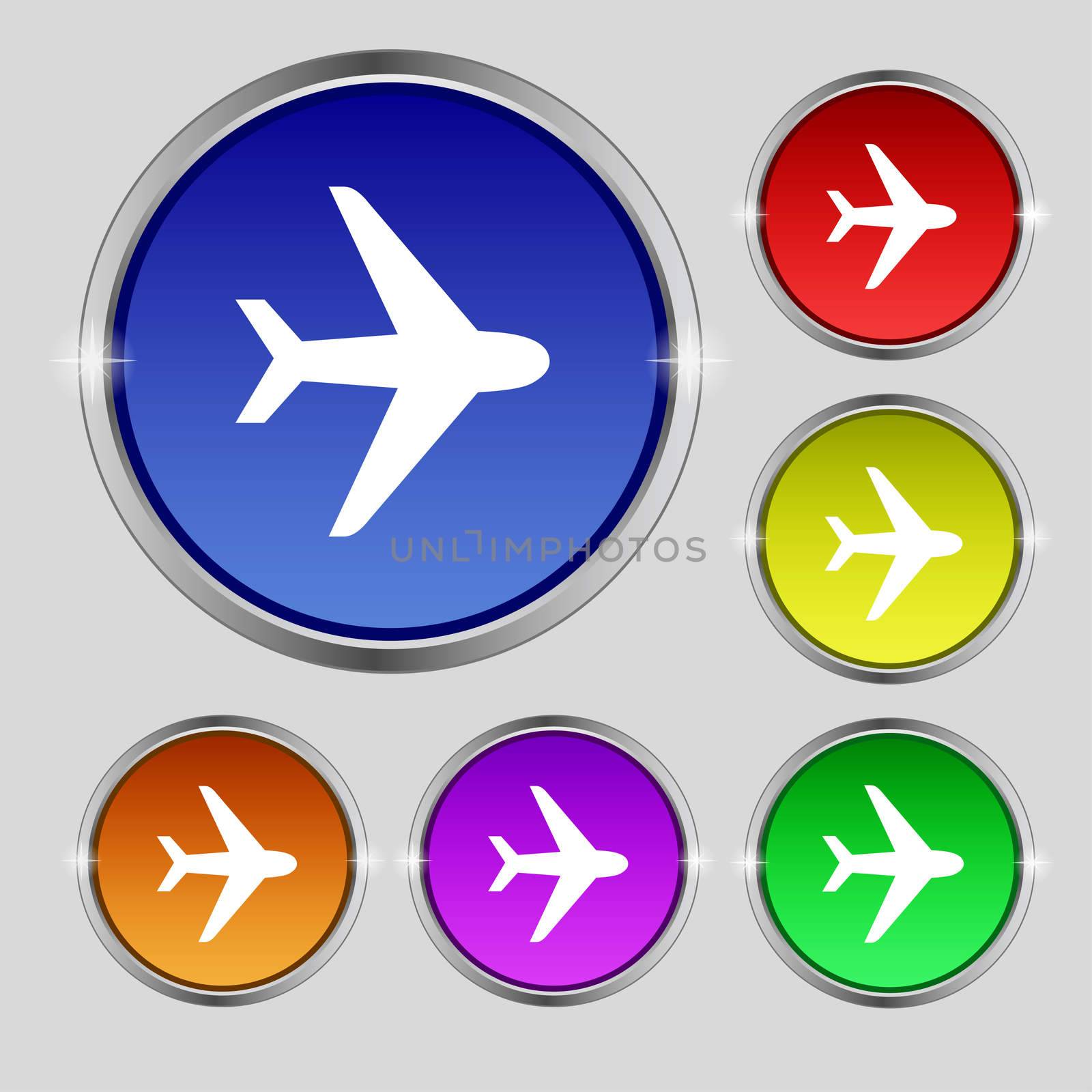 Plane icon sign. Round symbol on bright colourful buttons. illustration