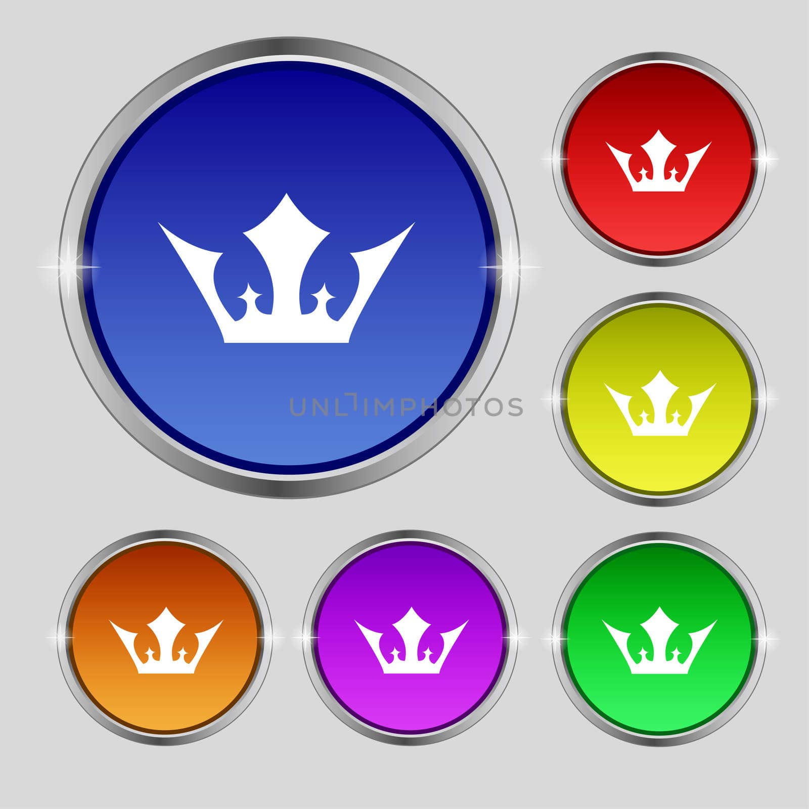 Crown icon sign. Round symbol on bright colourful buttons. illustration