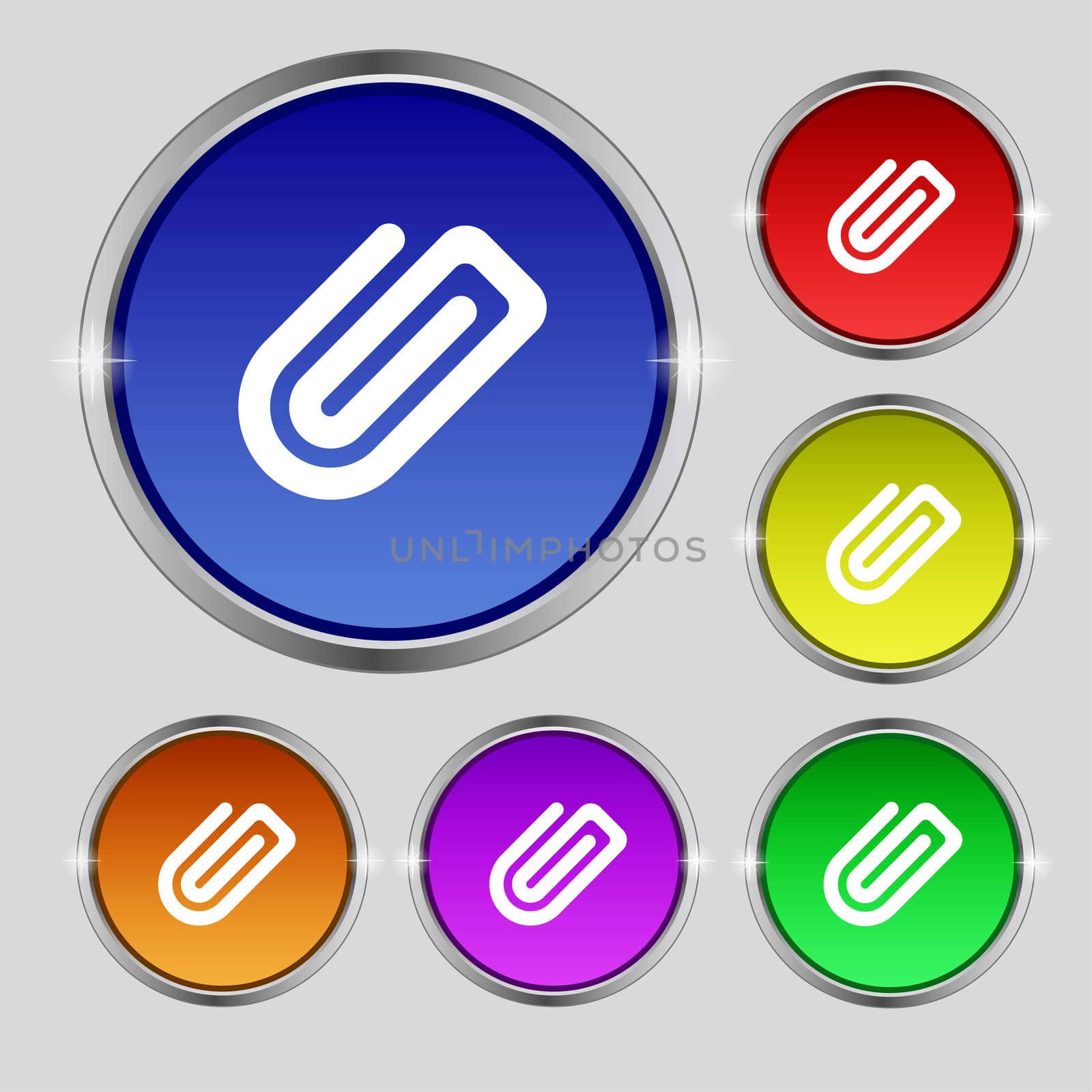 Paper Clip icon sign. Round symbol on bright colourful buttons.  by serhii_lohvyniuk
