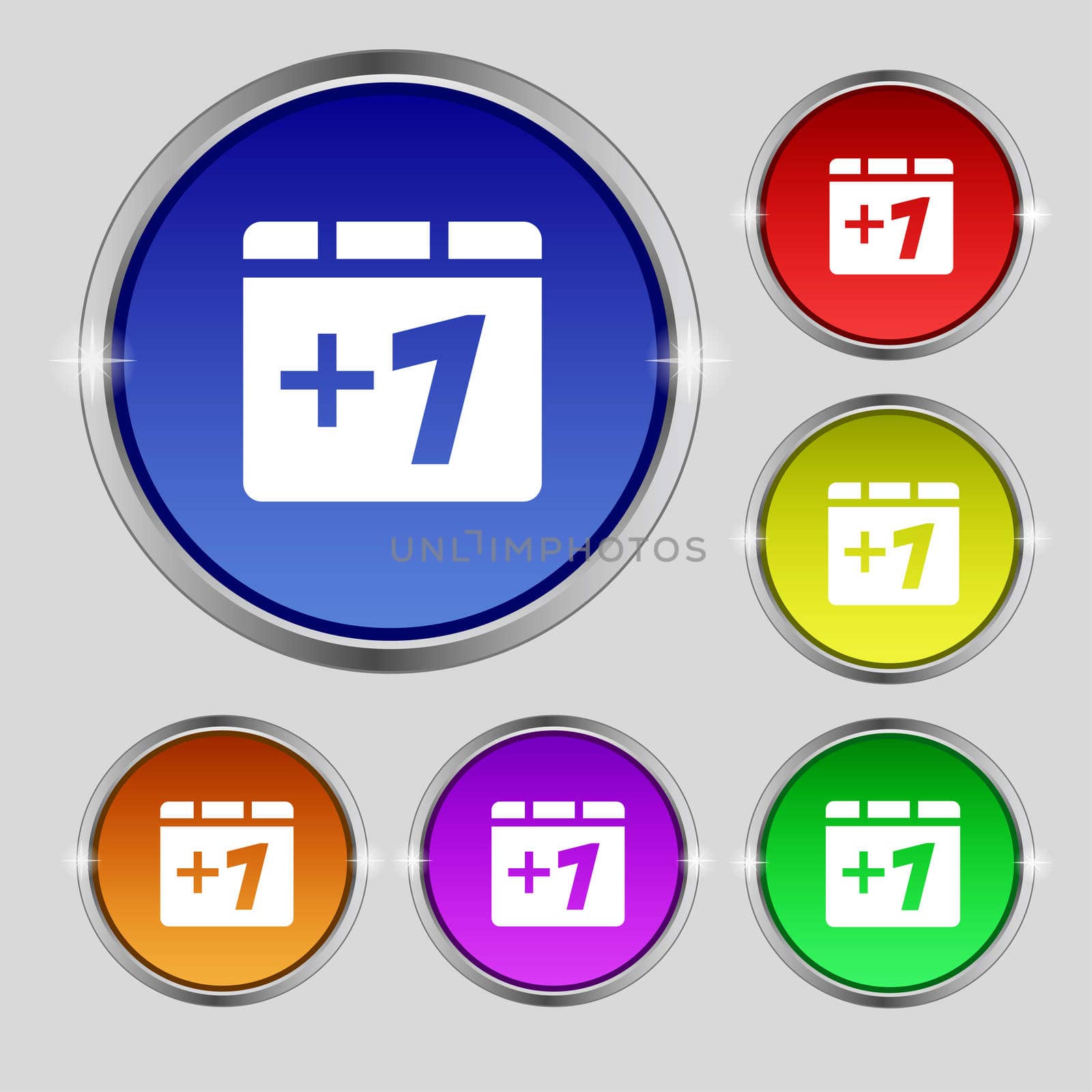 Plus one, Add one icon sign. Round symbol on bright colourful buttons. illustration