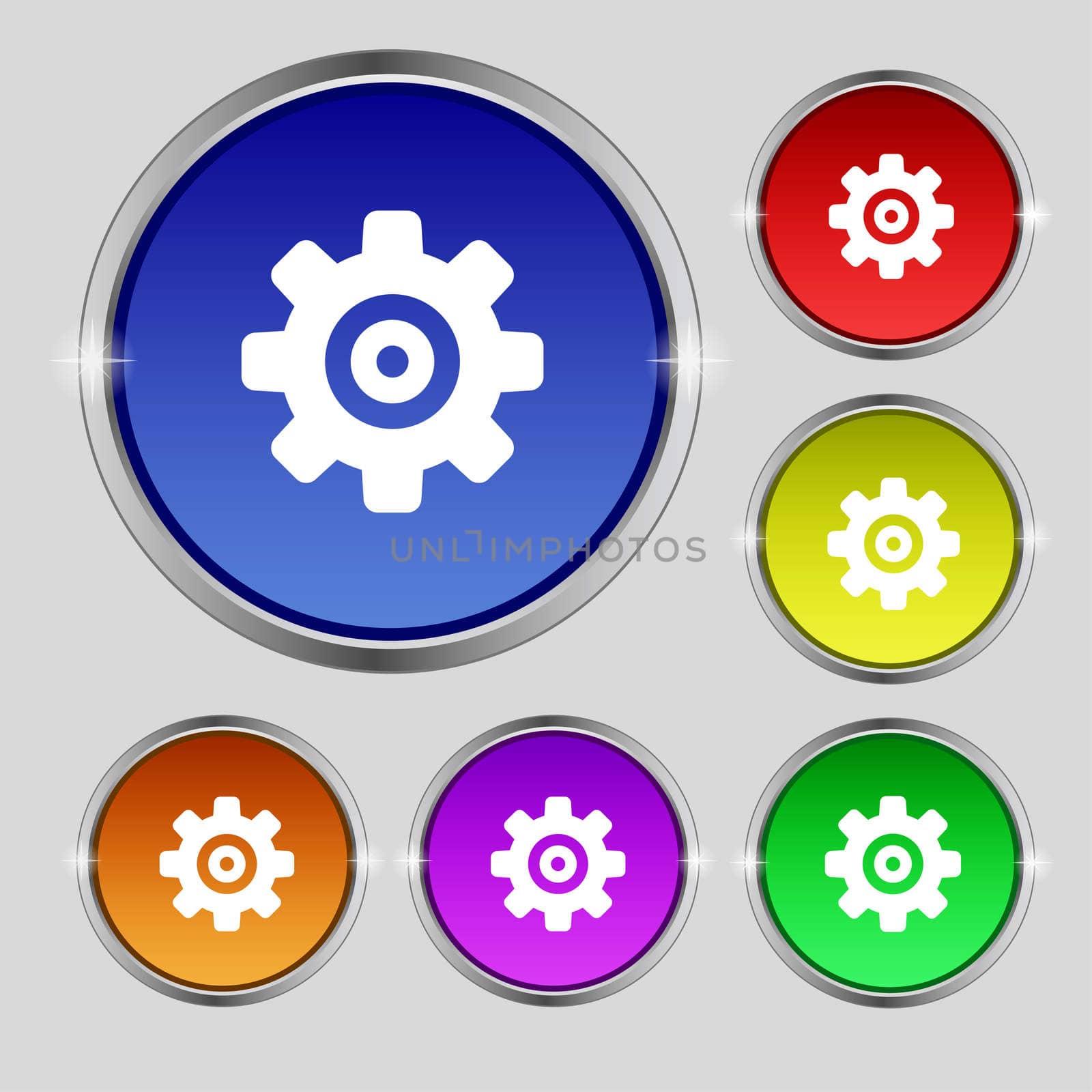 Cog settings, Cogwheel gear mechanism icon sign. Round symbol on bright colourful buttons. illustration