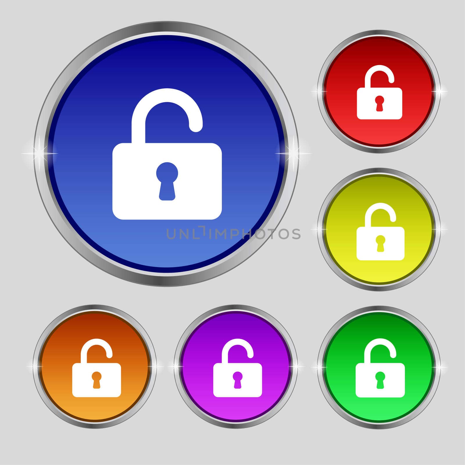 Open Padlock icon sign. Round symbol on bright colourful buttons. illustration