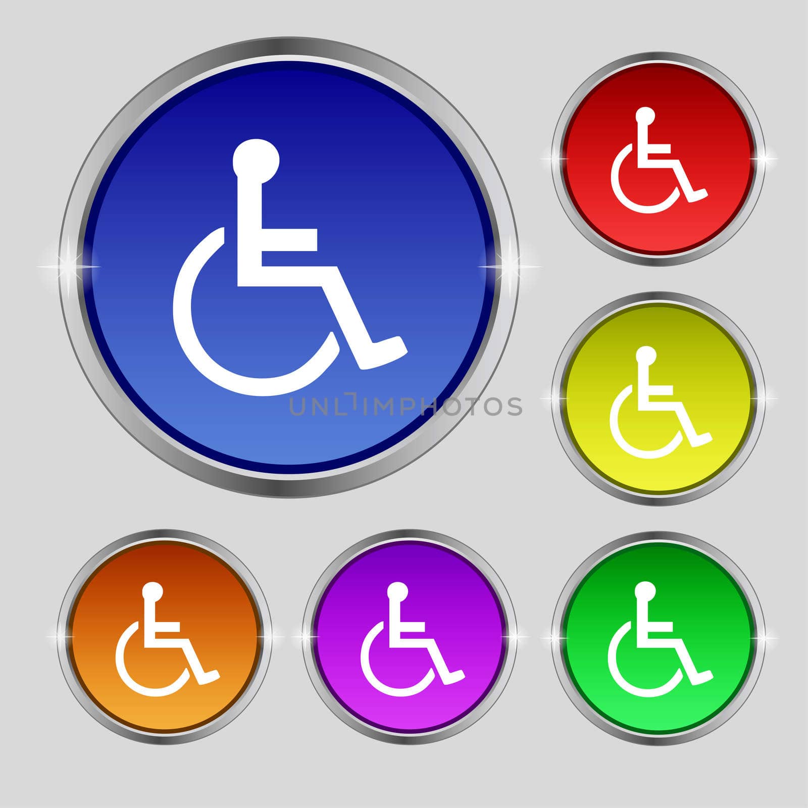 disabled icon sign. Round symbol on bright colourful buttons. illustration