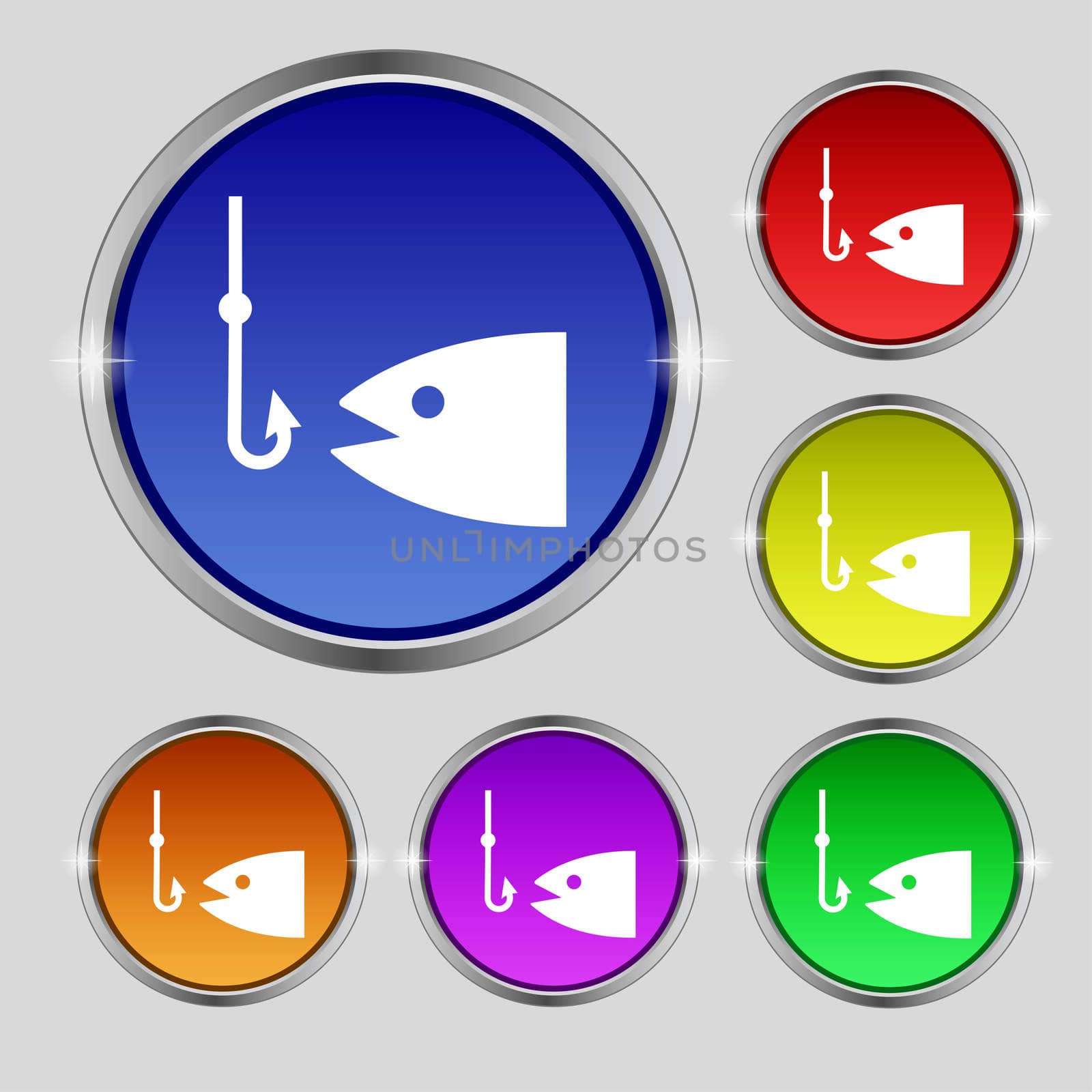 Fishing icon sign. Round symbol on bright colourful buttons. illustration