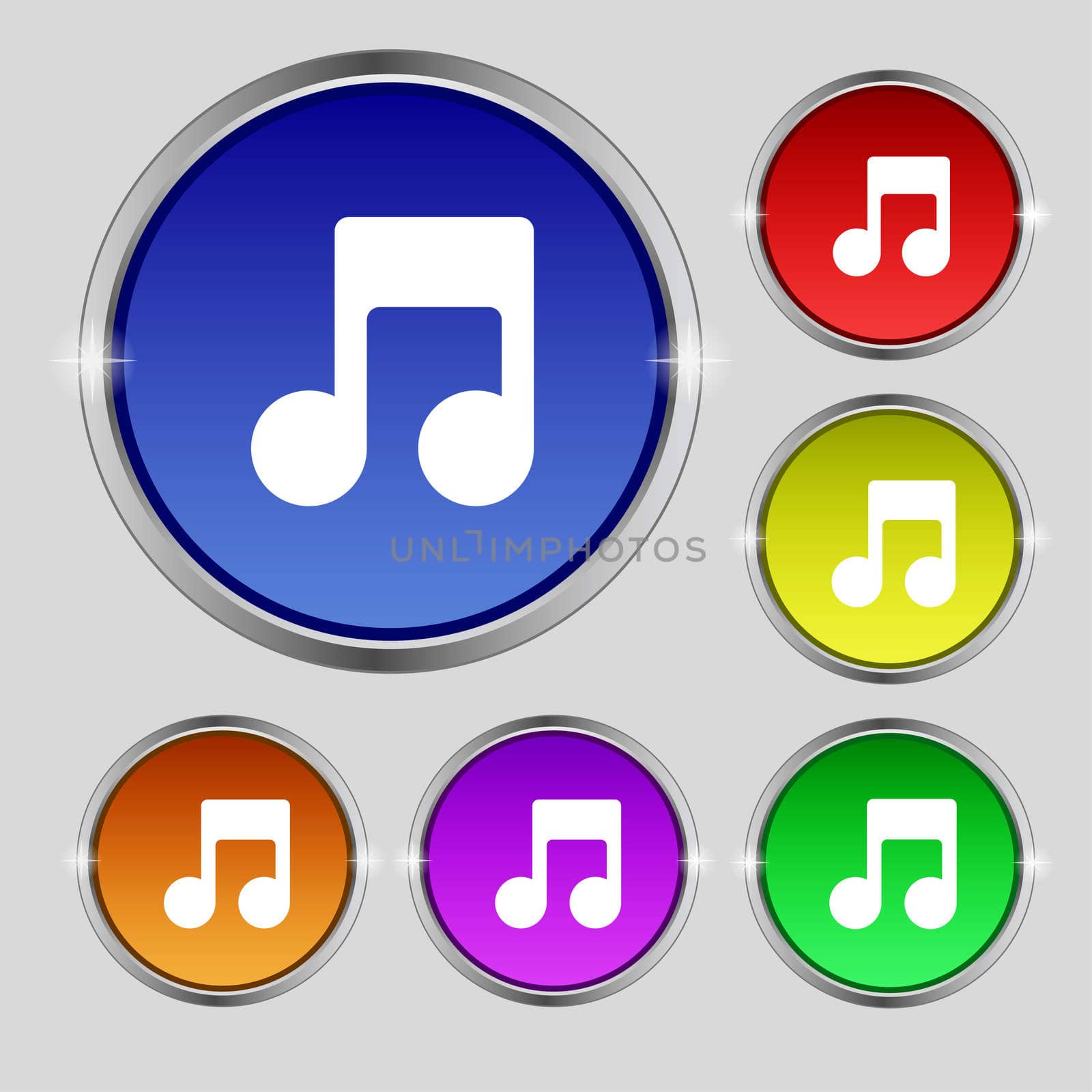 Music note icon sign. Round symbol on bright colourful buttons. illustration