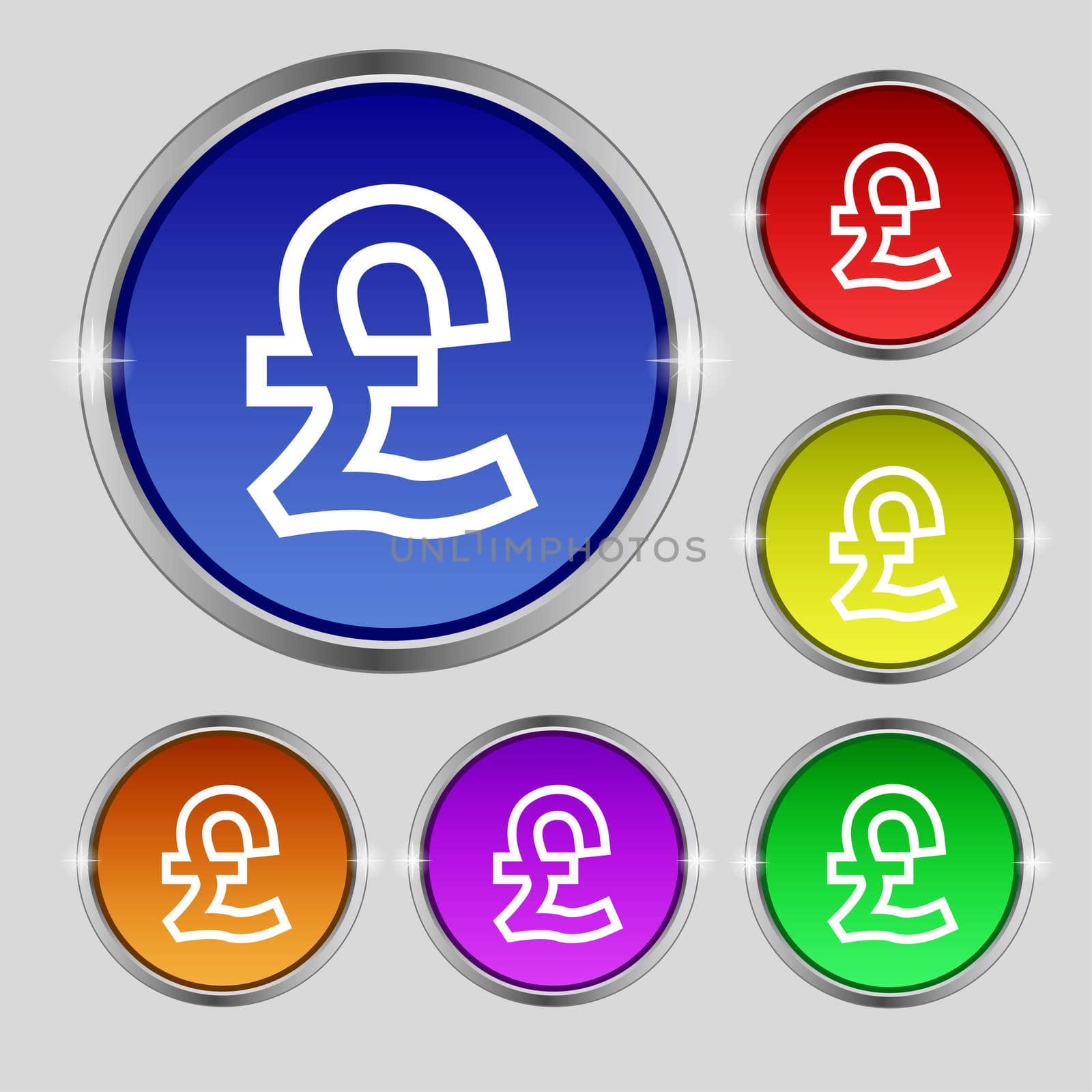 Pound Sterling icon sign. Round symbol on bright colourful buttons. illustration