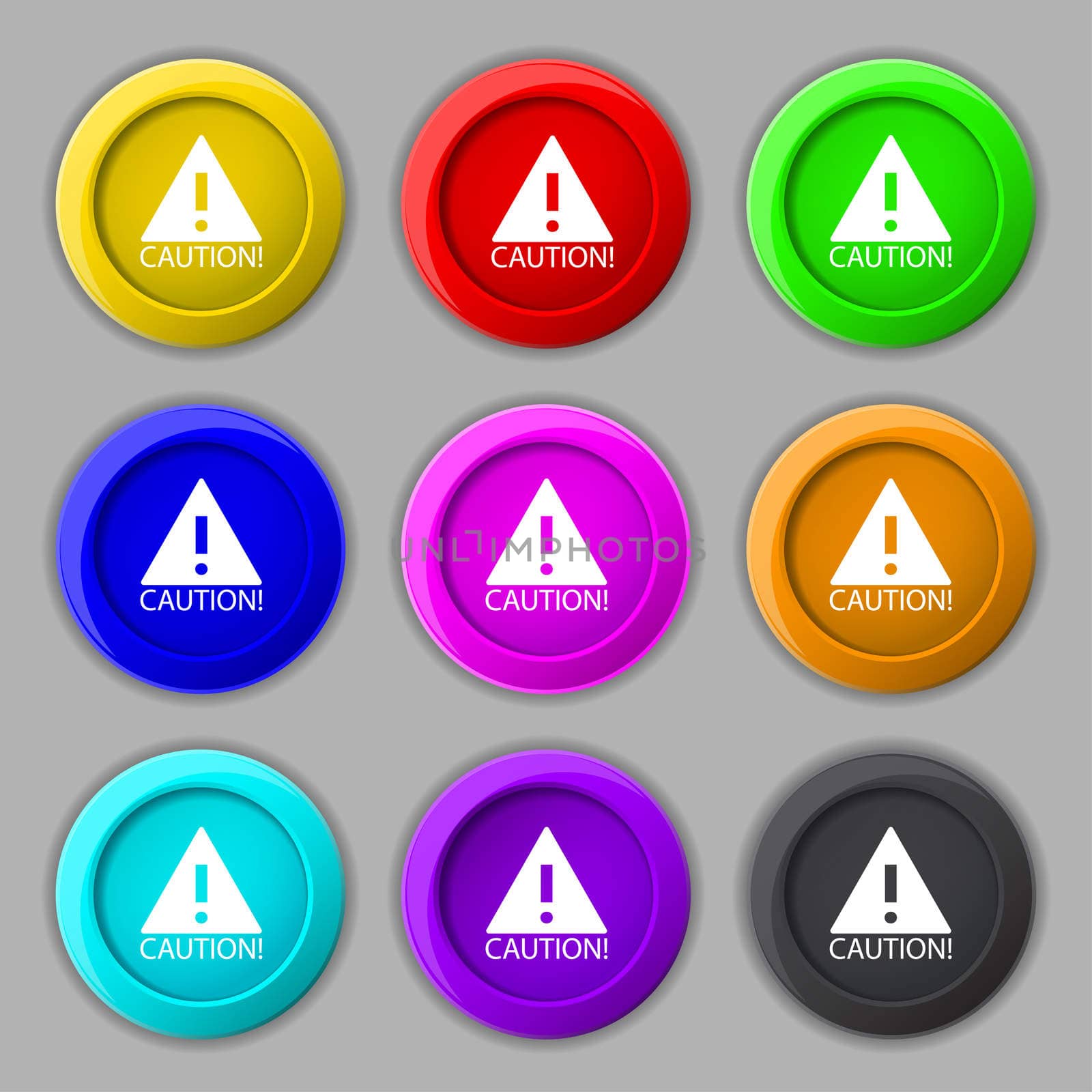 Attention caution sign icon. Exclamation mark. Hazard warning symbol. Set of colored buttons illustration