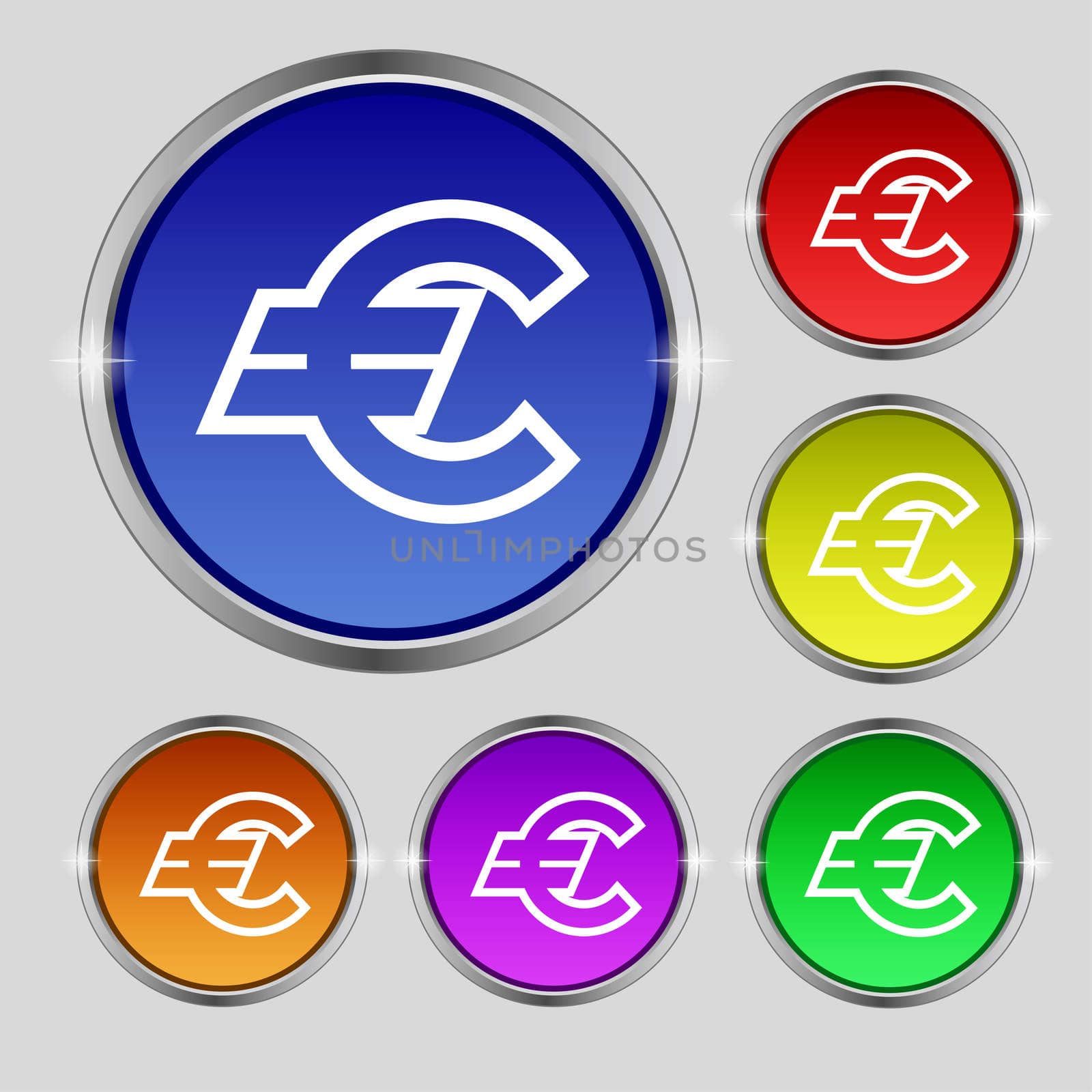 Euro EUR icon sign. Round symbol on bright colourful buttons.  by serhii_lohvyniuk