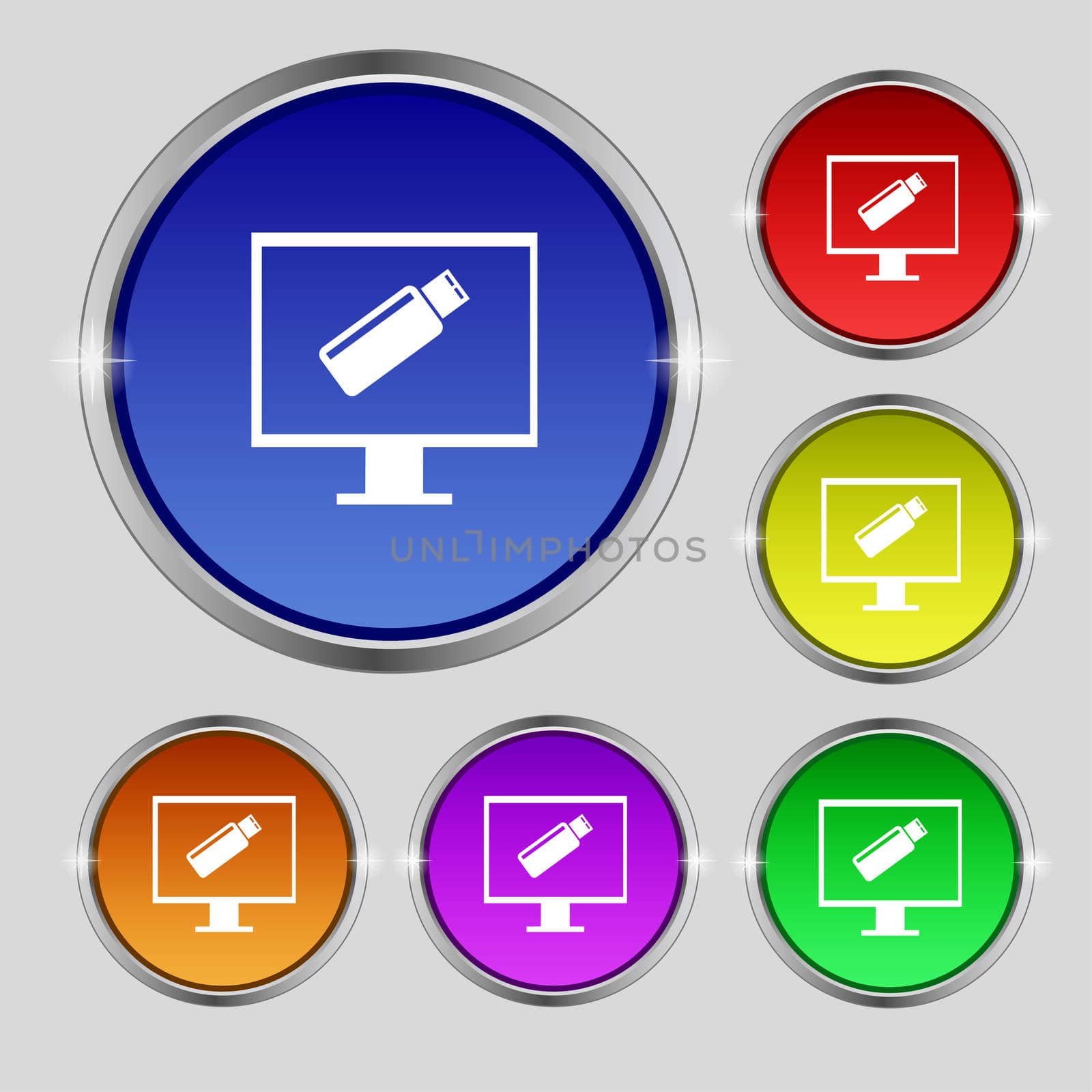 usb flash drive and monitor sign icon. Video game symbol. Set colourful buttons.  by serhii_lohvyniuk