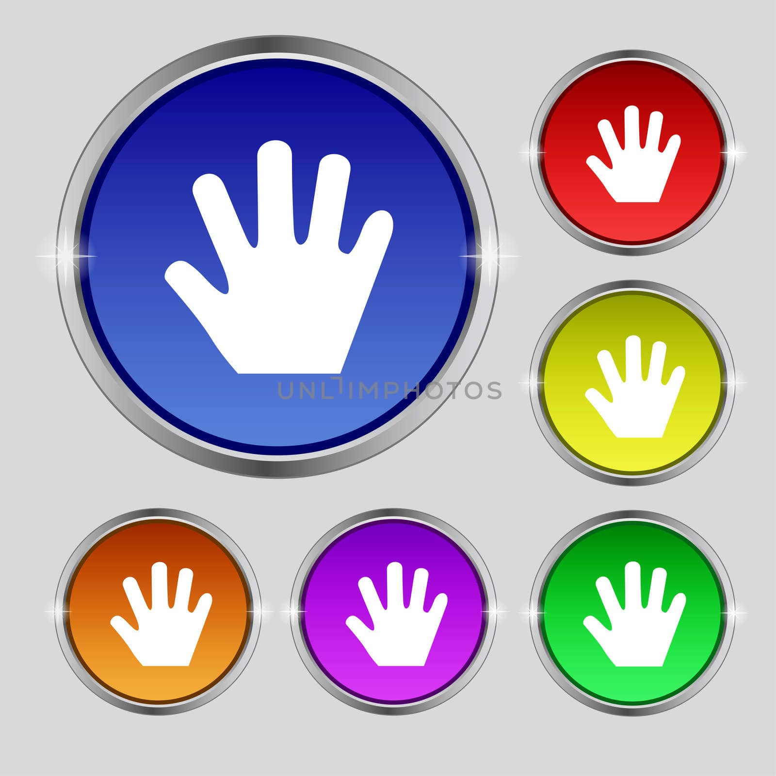 Hand icon sign. Round symbol on bright colourful buttons. illustration