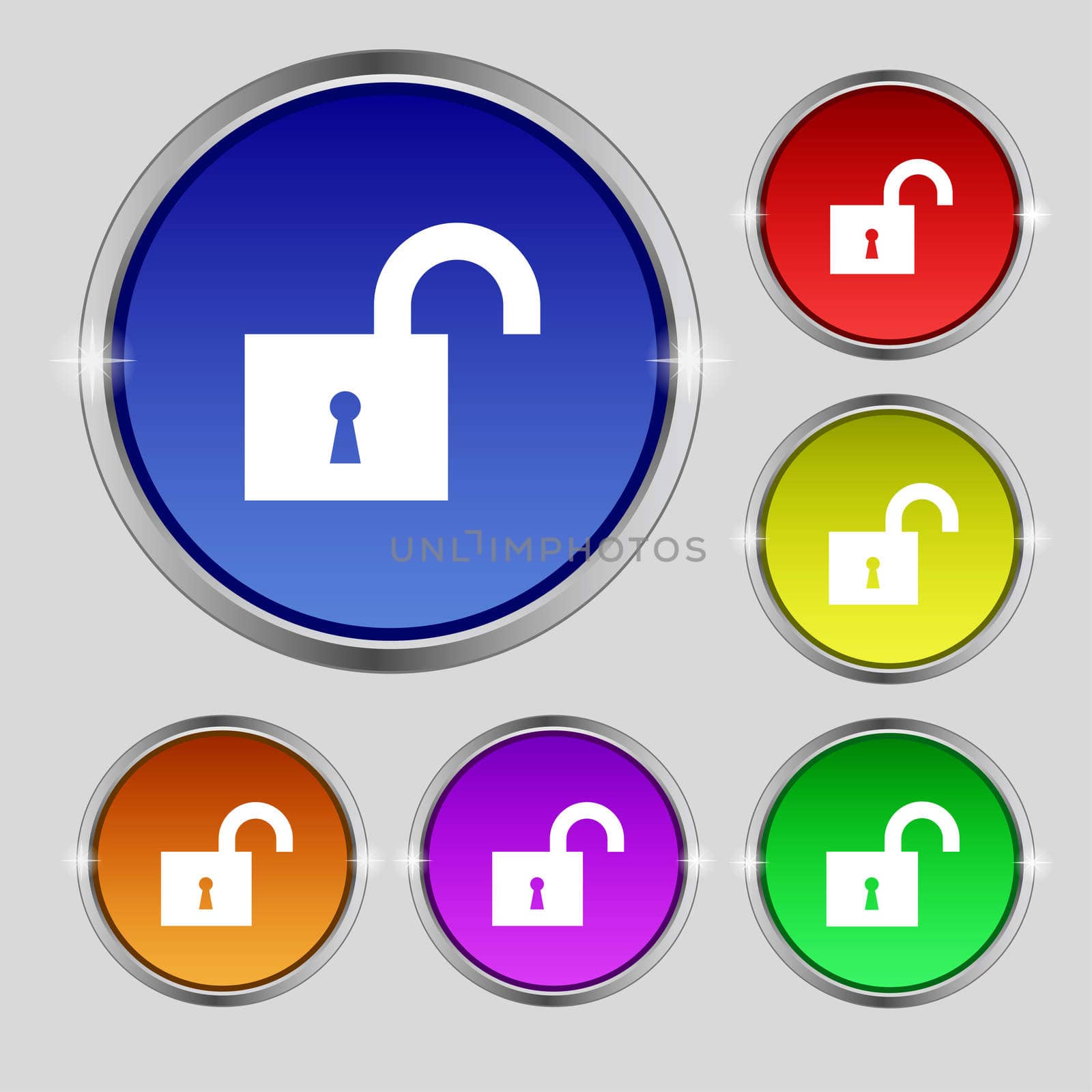 open lock icon sign. Round symbol on bright colourful buttons. illustration