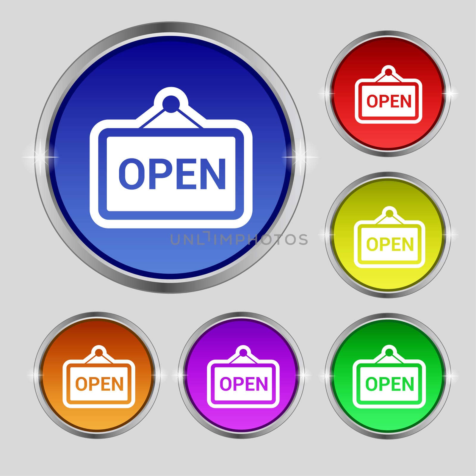 open icon sign. Round symbol on bright colourful buttons. illustration