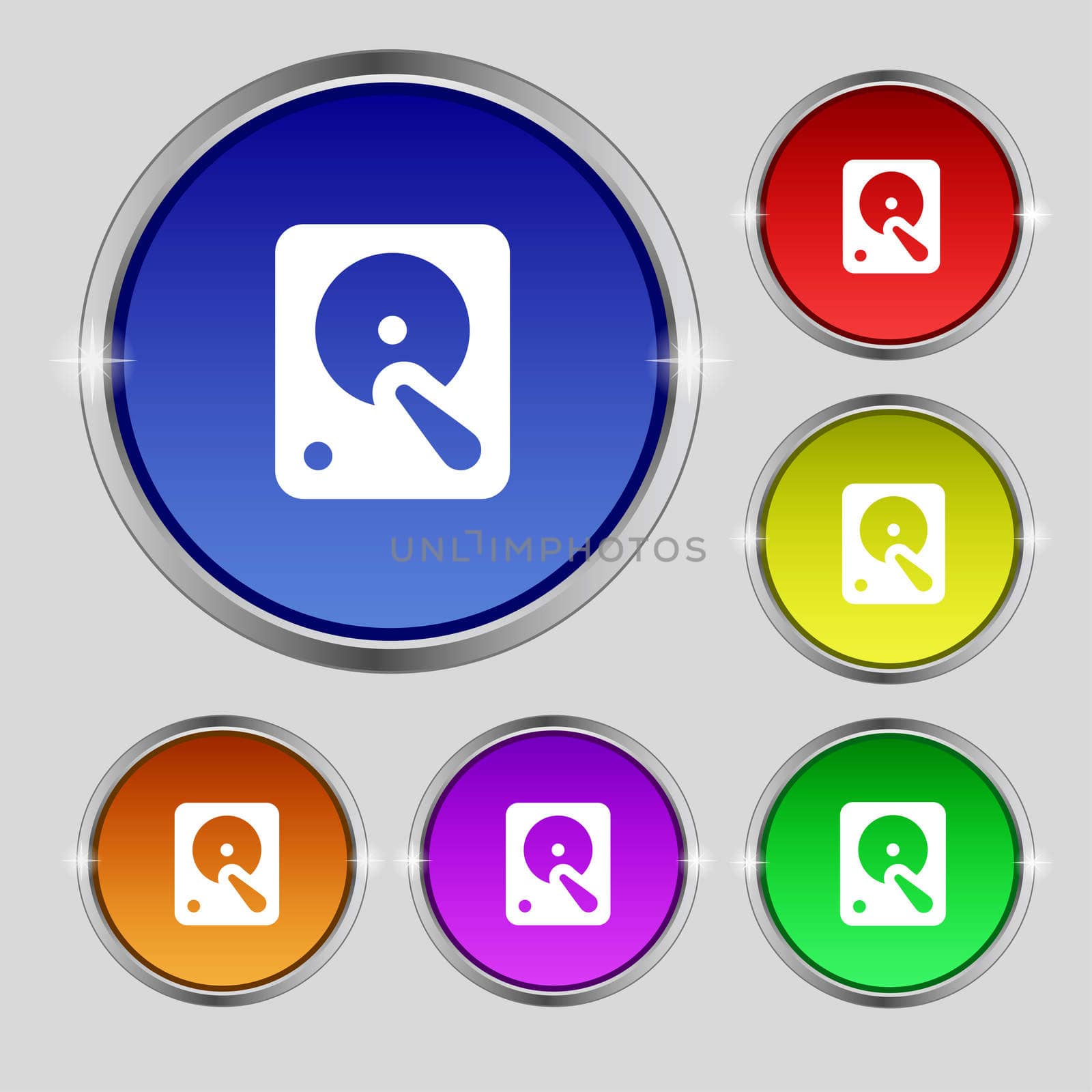 hard disk icon sign. Round symbol on bright colourful buttons. illustration
