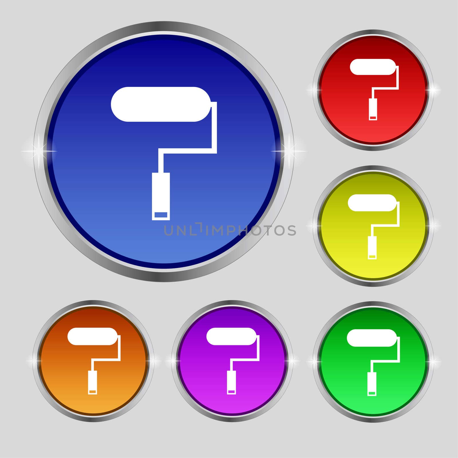 Paint roller sign icon. Painting tool symbol. Set of colored buttons.  by serhii_lohvyniuk