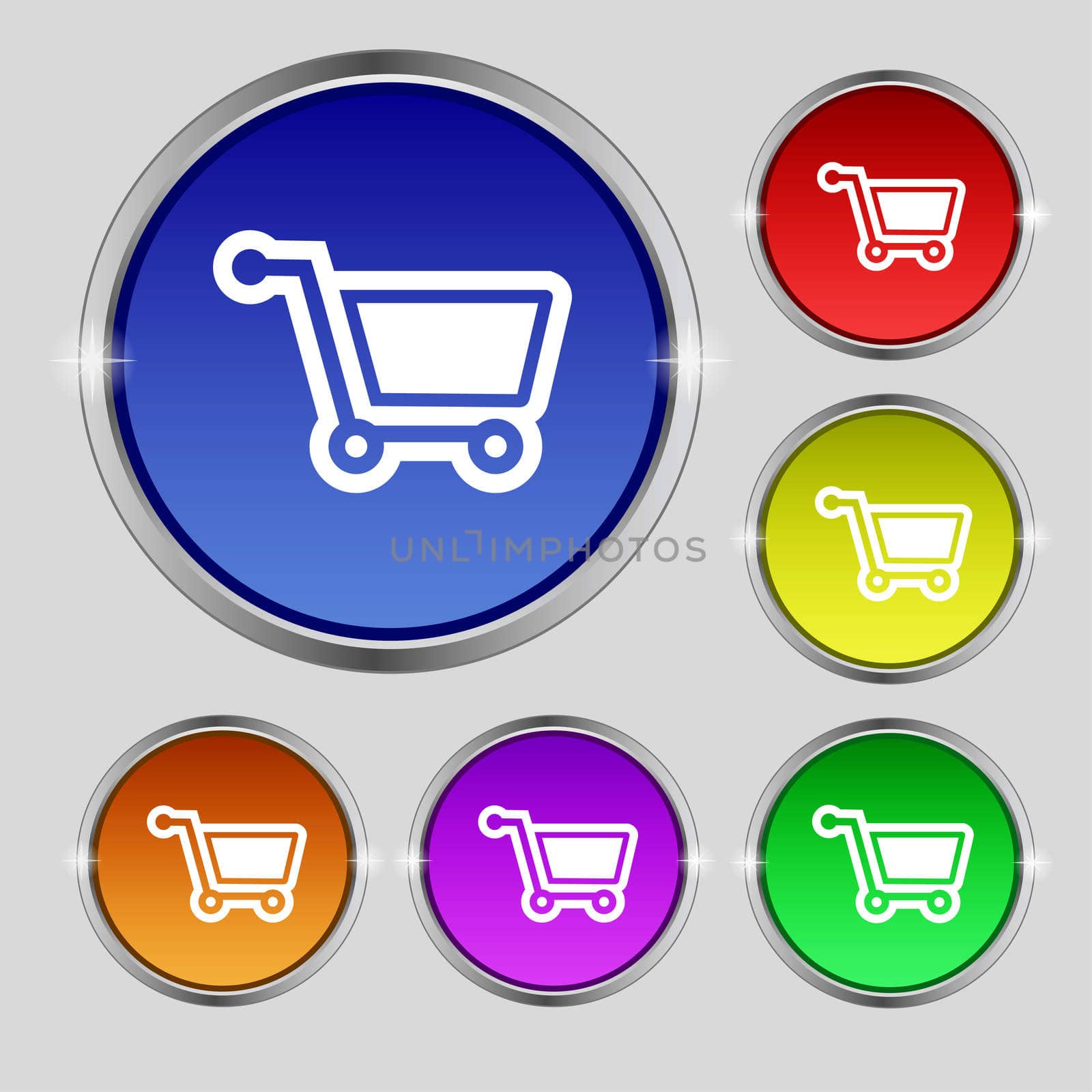 shopping cart icon sign. Round symbol on bright colourful buttons. illustration