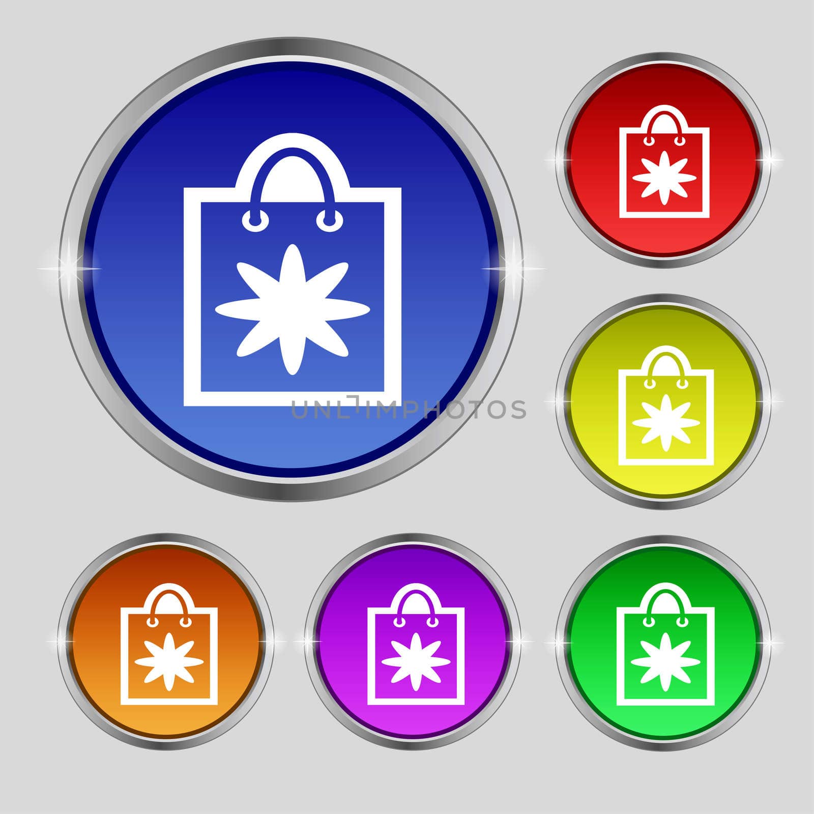 shopping bag icon sign. Round symbol on bright colourful buttons. illustration