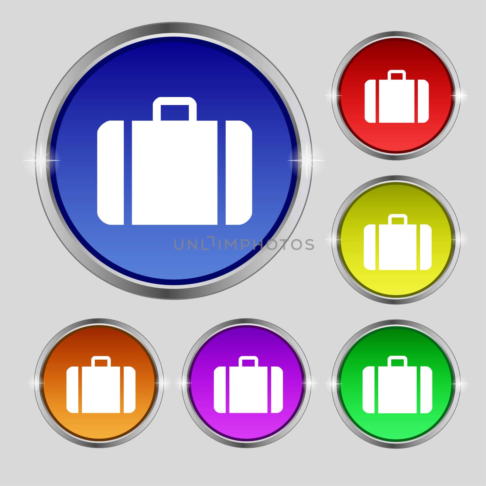 suitcase icon sign. Round symbol on bright colourful buttons.  by serhii_lohvyniuk