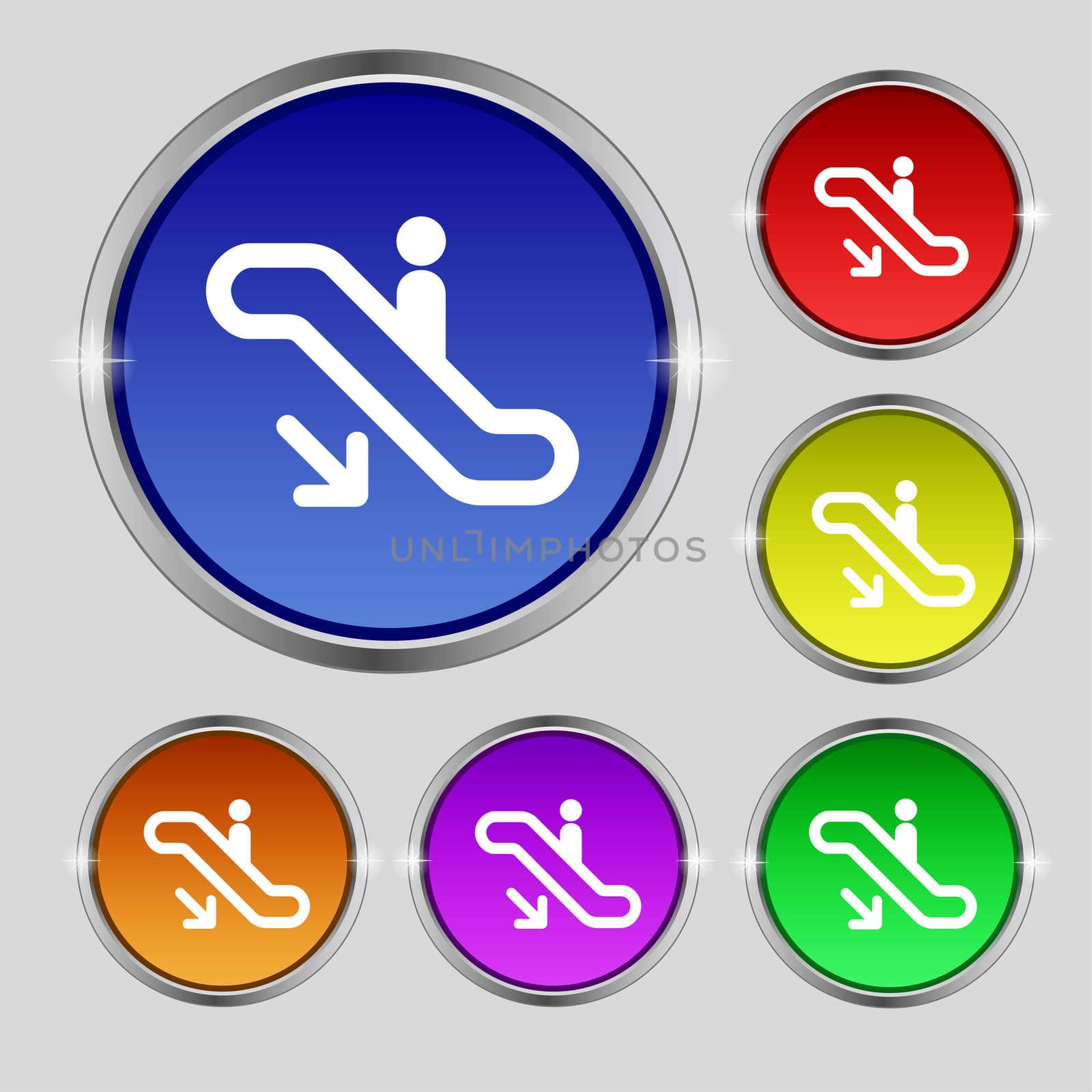elevator, Escalator, Staircase icon sign. Round symbol on bright colourful buttons.  by serhii_lohvyniuk