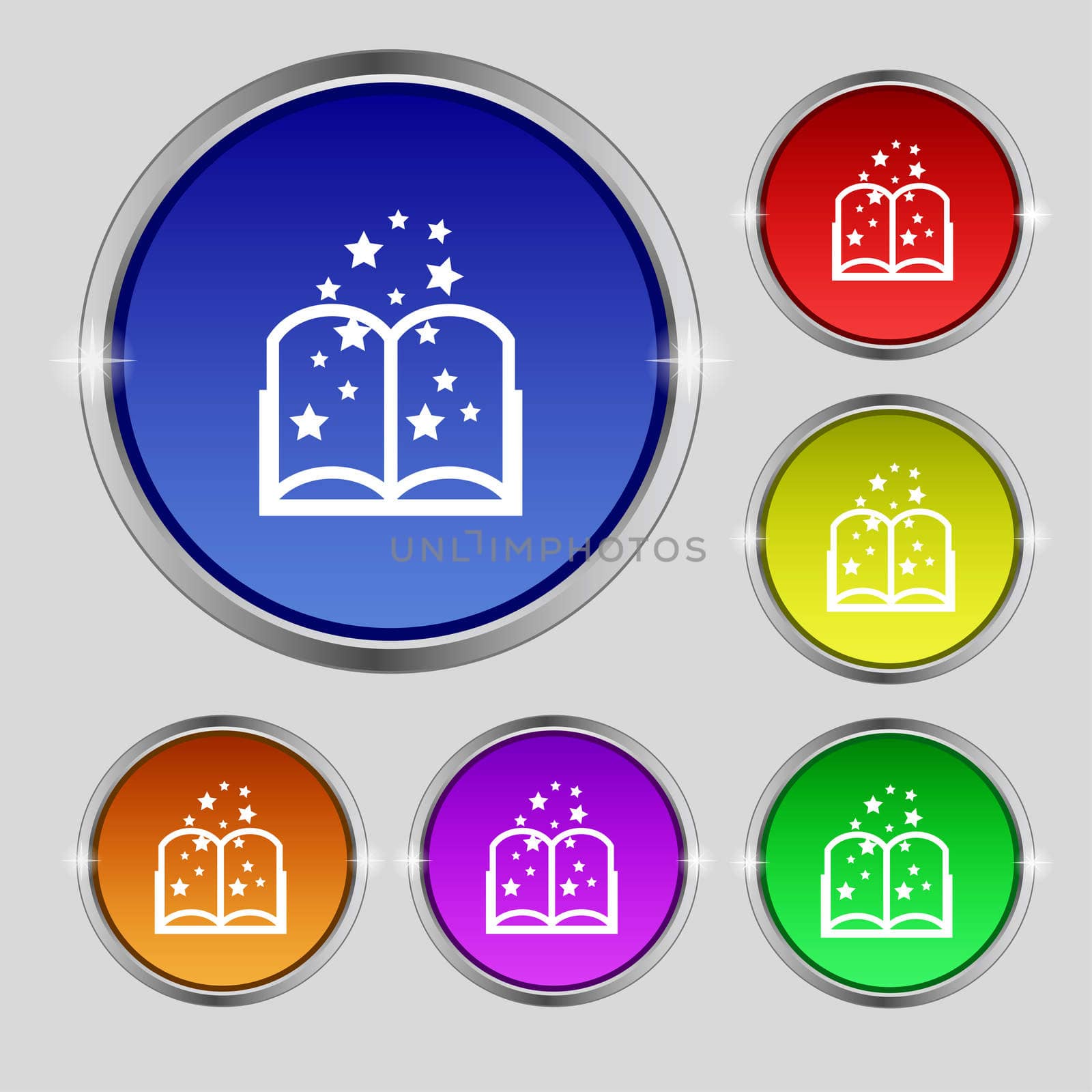 Magic Book sign icon. Open book symbol. Set of colored buttons. illustration
