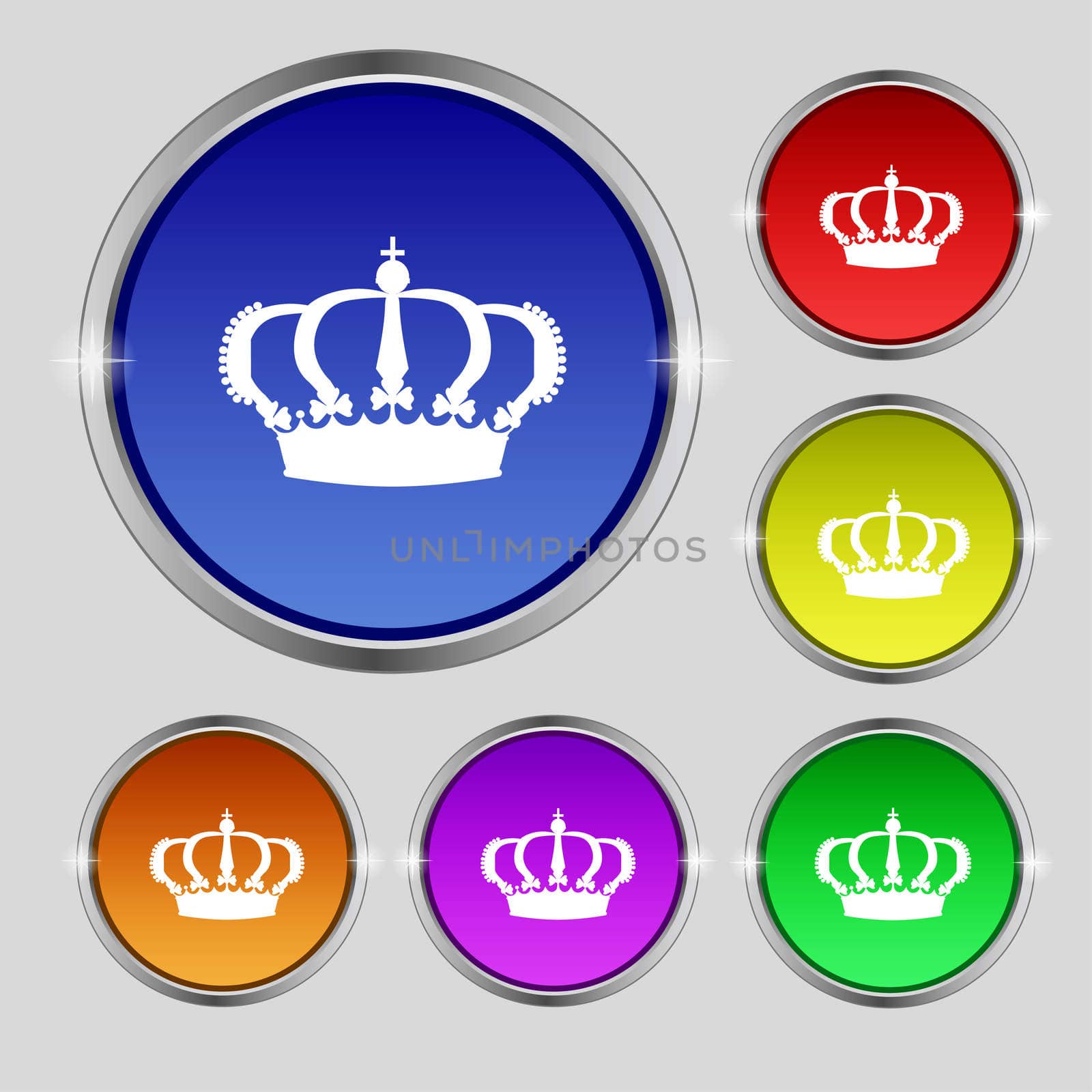 Crown icon sign. Round symbol on bright colourful buttons. illustration