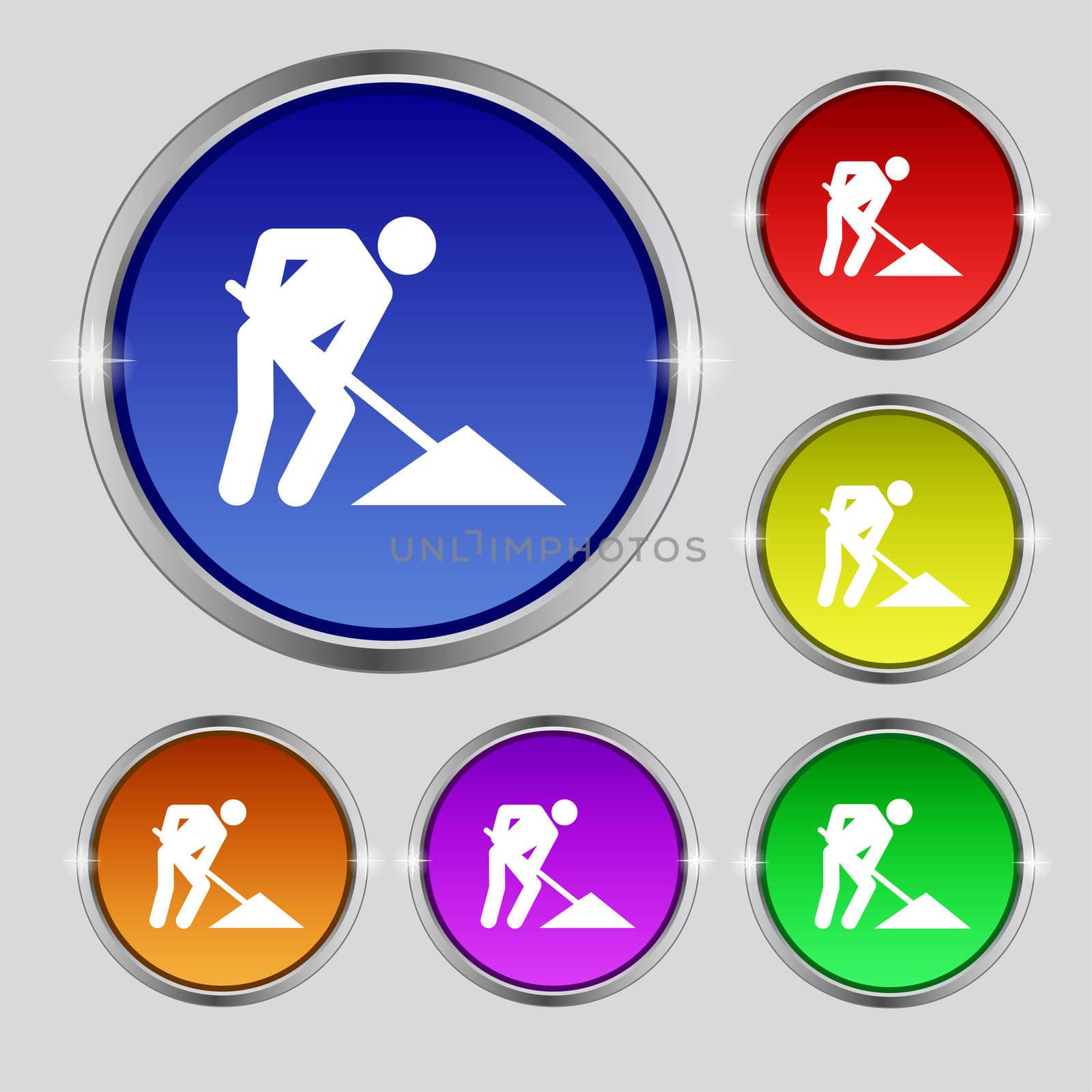 repair of road, construction work icon sign. Round symbol on bright colourful buttons. illustration