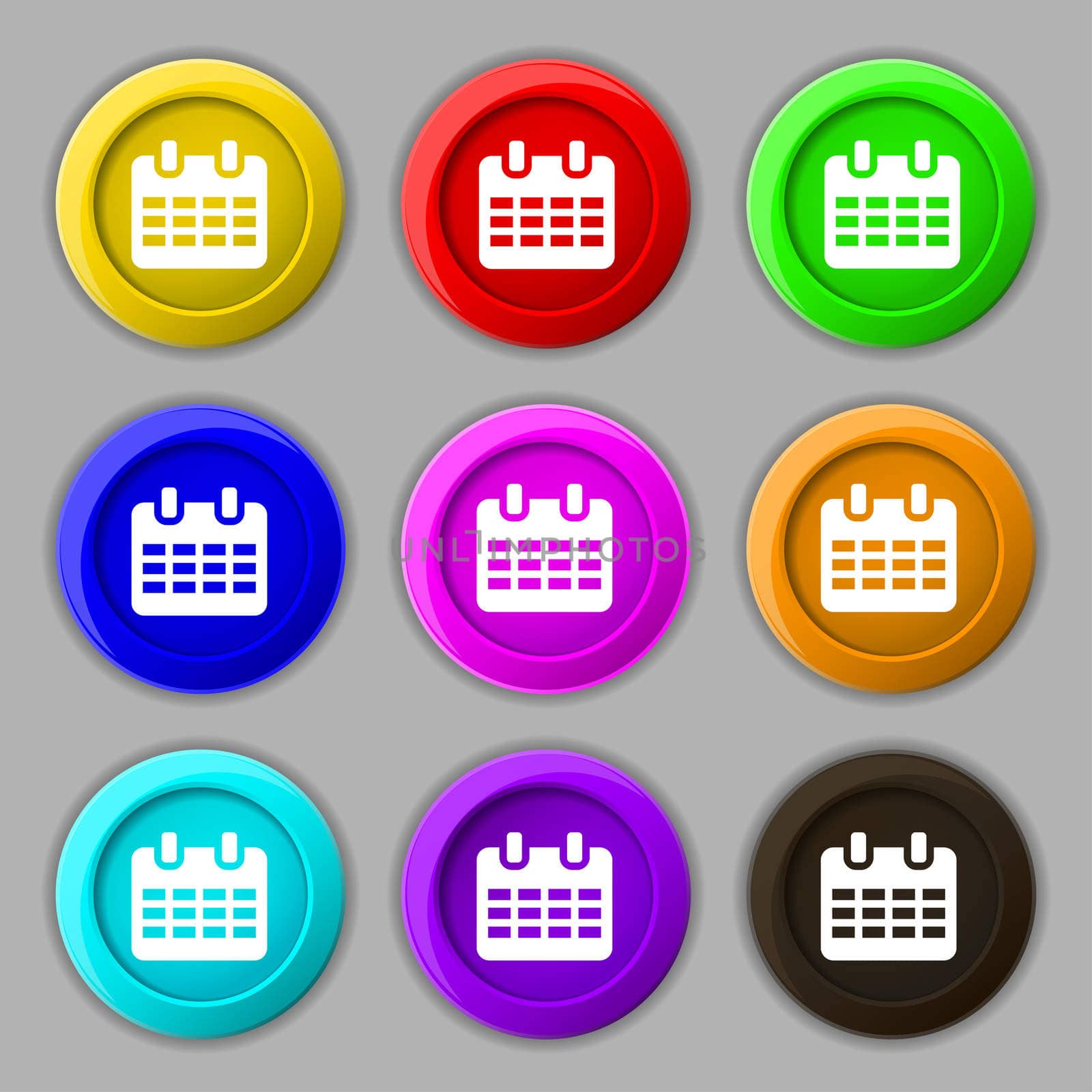  Calendar, Date or event reminder icon sign. symbol on nine round colourful buttons. illustration