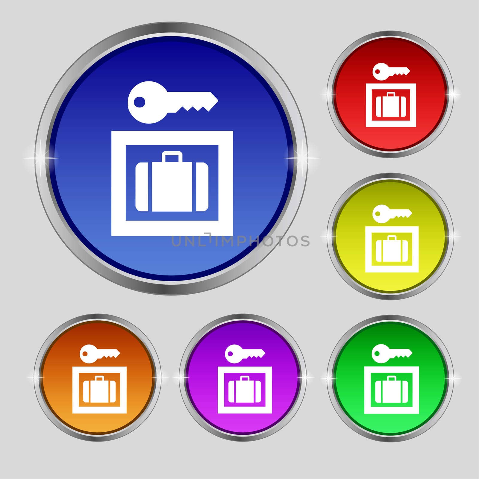Luggage Storage icon sign. Round symbol on bright colourful buttons.  by serhii_lohvyniuk