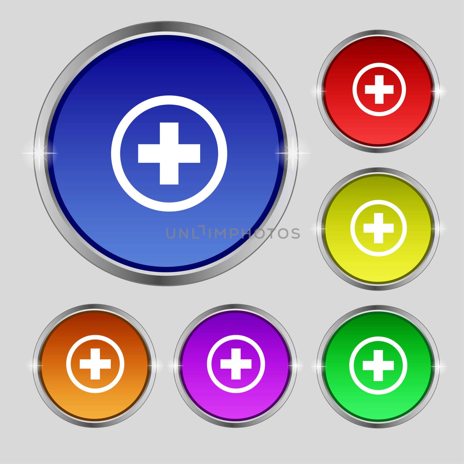 Plus sign icon. Positive symbol. Zoom in.Set colourful buttons illustration